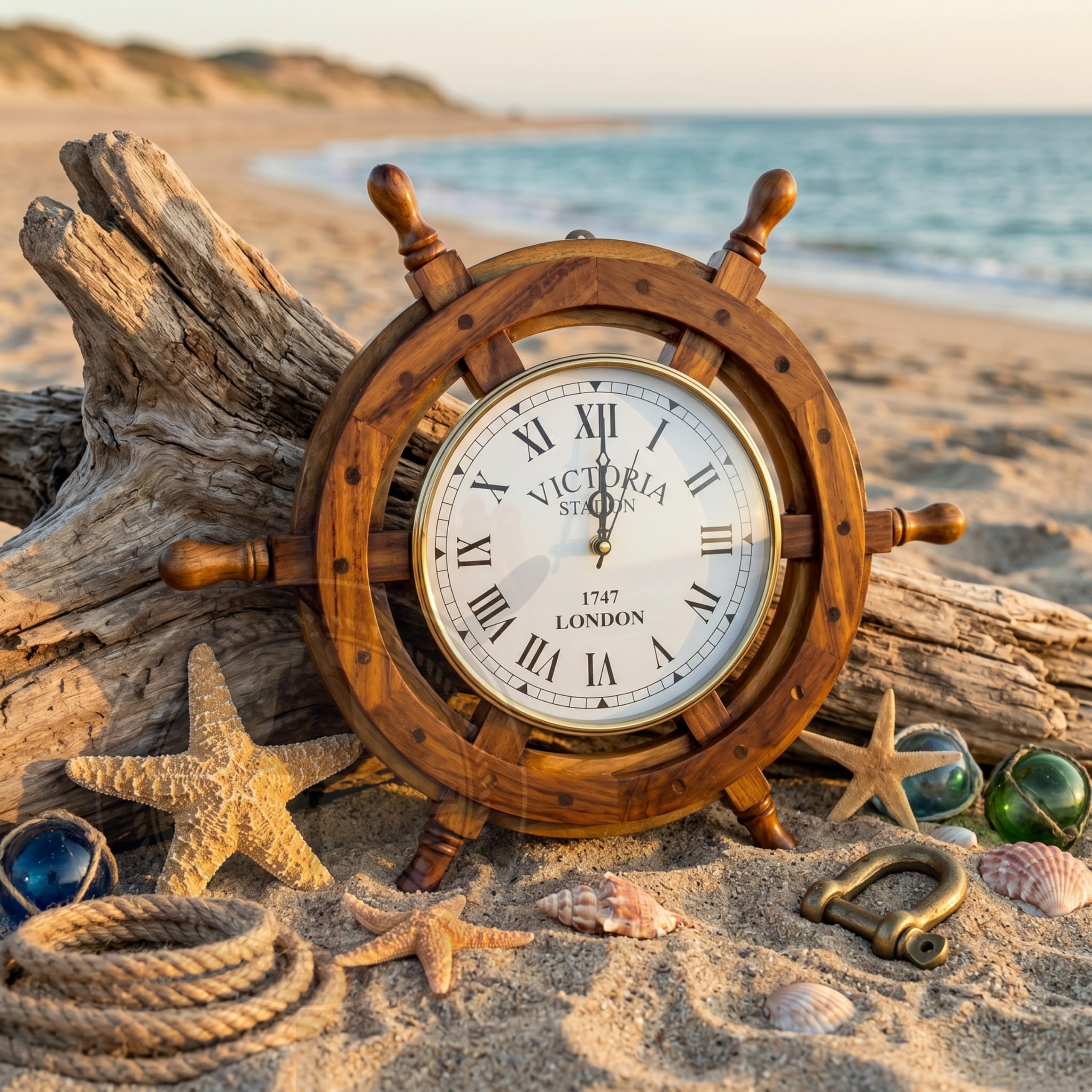 Nagina International Nautical Handcrafted Wooden Premium Wall Decor Wooden Clock Ship Wheels | Pirate's Accent | Maritime Decorative Timekeeper (60 Inches, Clock Size - 14 Inches)