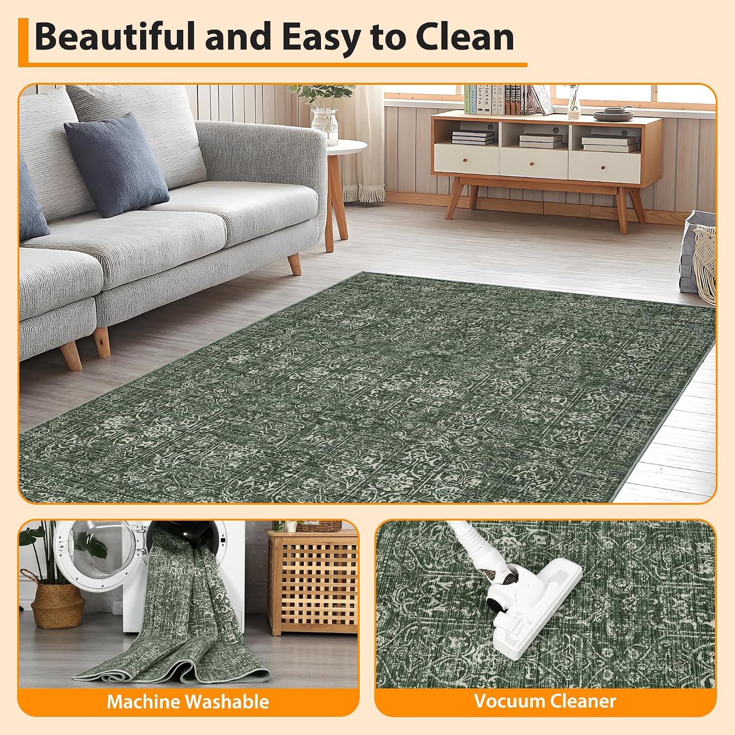 Washable Rug 8x10 Area Rugs for Living Room Large Rug Vintage Distressed Carpet Retro Neutral Rug Farmhouse Soft Accent Rug Indoor Non Slip Rug Carpet for Bedroom Dining Room Decor,Green