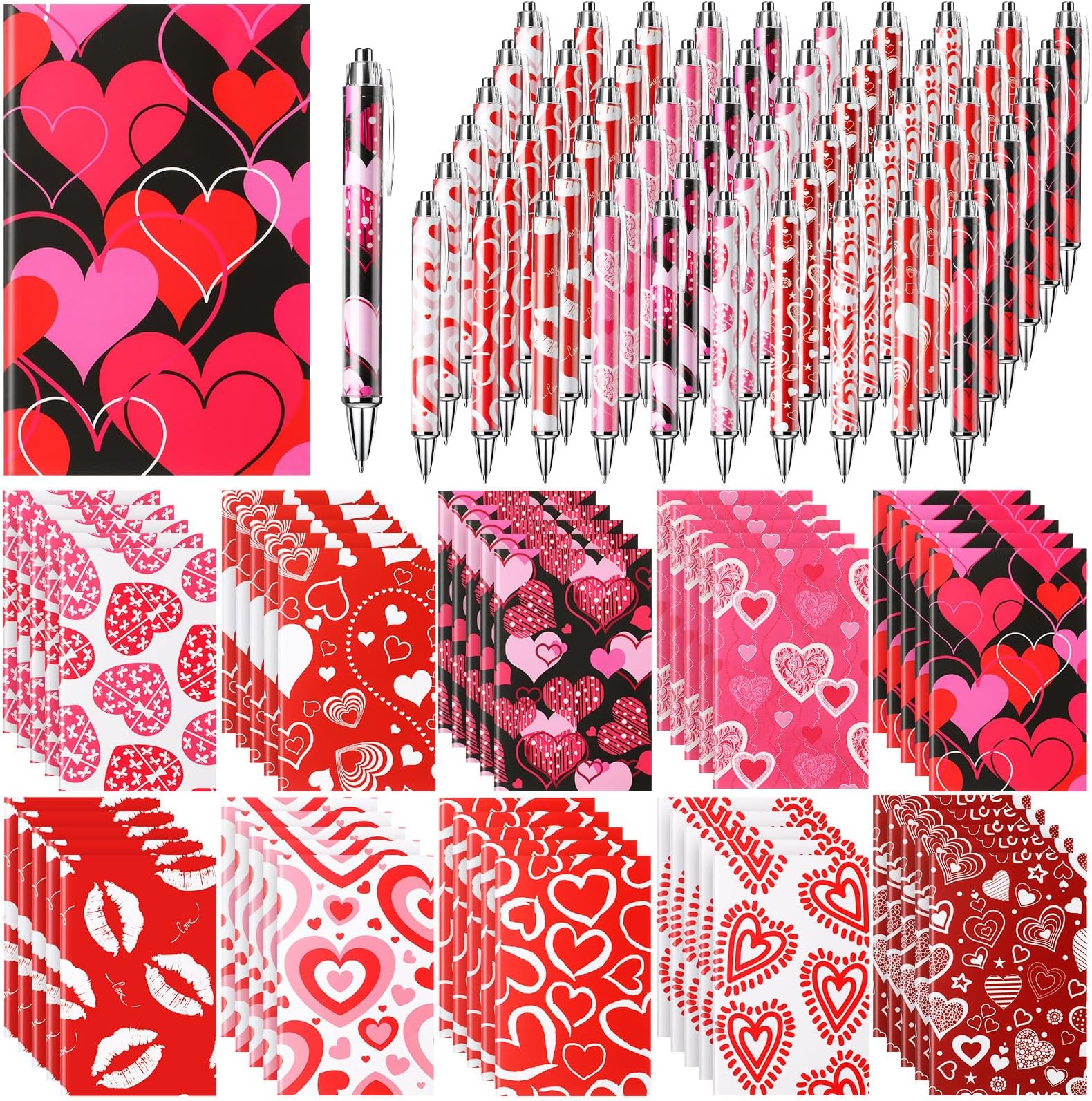 120 Pcs Valentine's Day Gifts, 60 Pcs Valentine Notepads 4.92 x 3.15 Inch Notebooks Small Journals Bulk, 60 Pcs Ballpoint Pens Black Ink Pens for Journaling Office Gifts