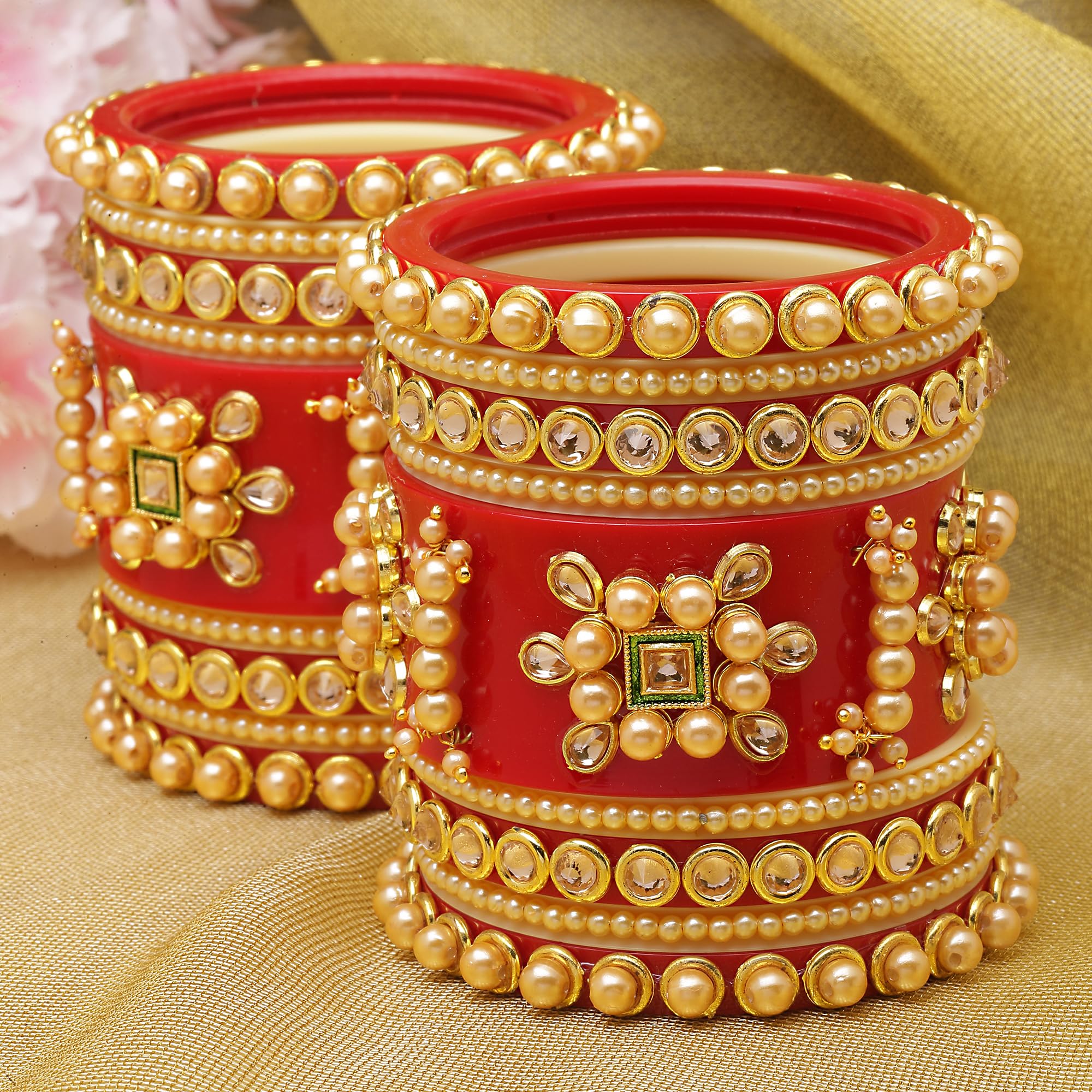 Gold-Plated Champagne Pearl & Zircon Gemstone Studded Handcrafted Bangles (2.4)