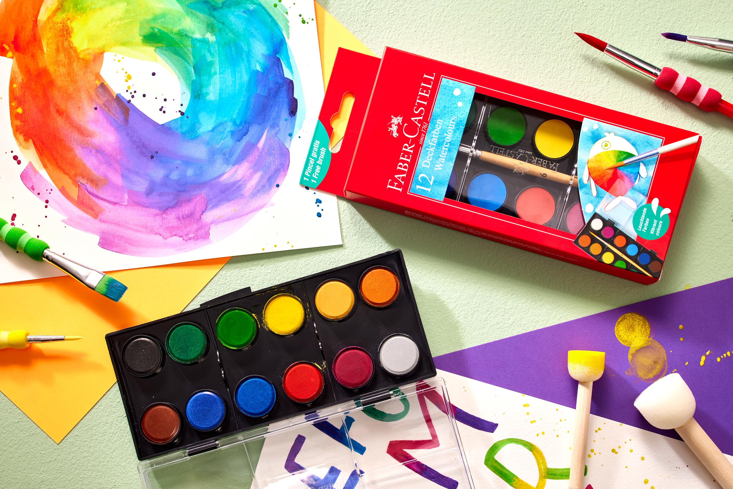 Faber-Castell 125018 - Pudełko z akwarelami 12 kolorów, w zestawie z pędzlem, pudełko do kolorowania dla szkoły i czasu wolnego