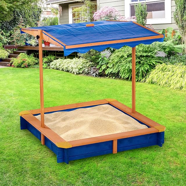 Foto 4 de 8 de Teamson Kids Arenero Grande de Madera para Exteriores con Tapa, Toldo Giratorio y Altura Ajustable