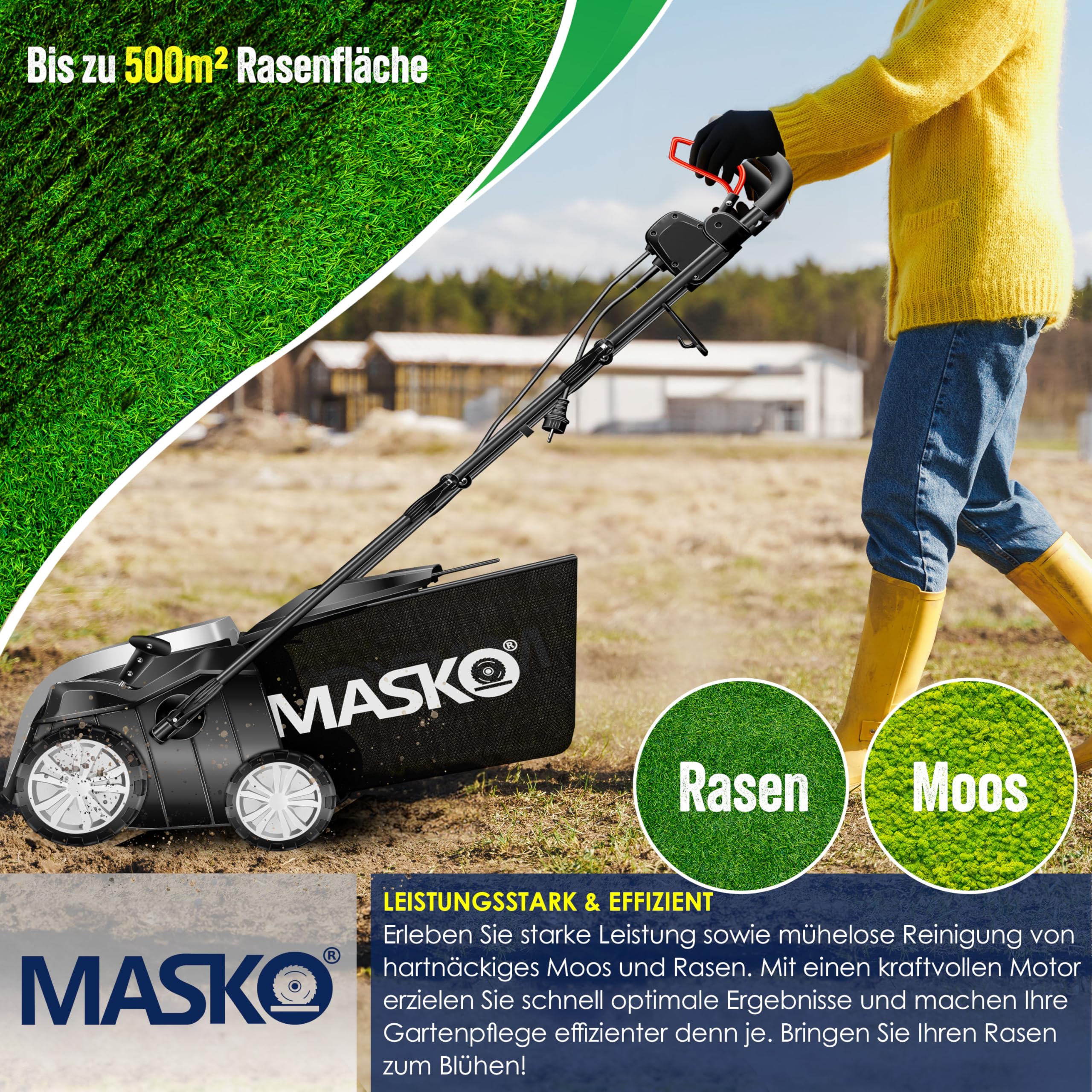MASKO® Escarificador eléctrico 2 en 1, aireador de césped 1800W, 40 cm de ancho de trabajo, cesta de recogida de 55 l, eliminador de musgo, profundidad de trabajo ajustable en 5 etapas, negro