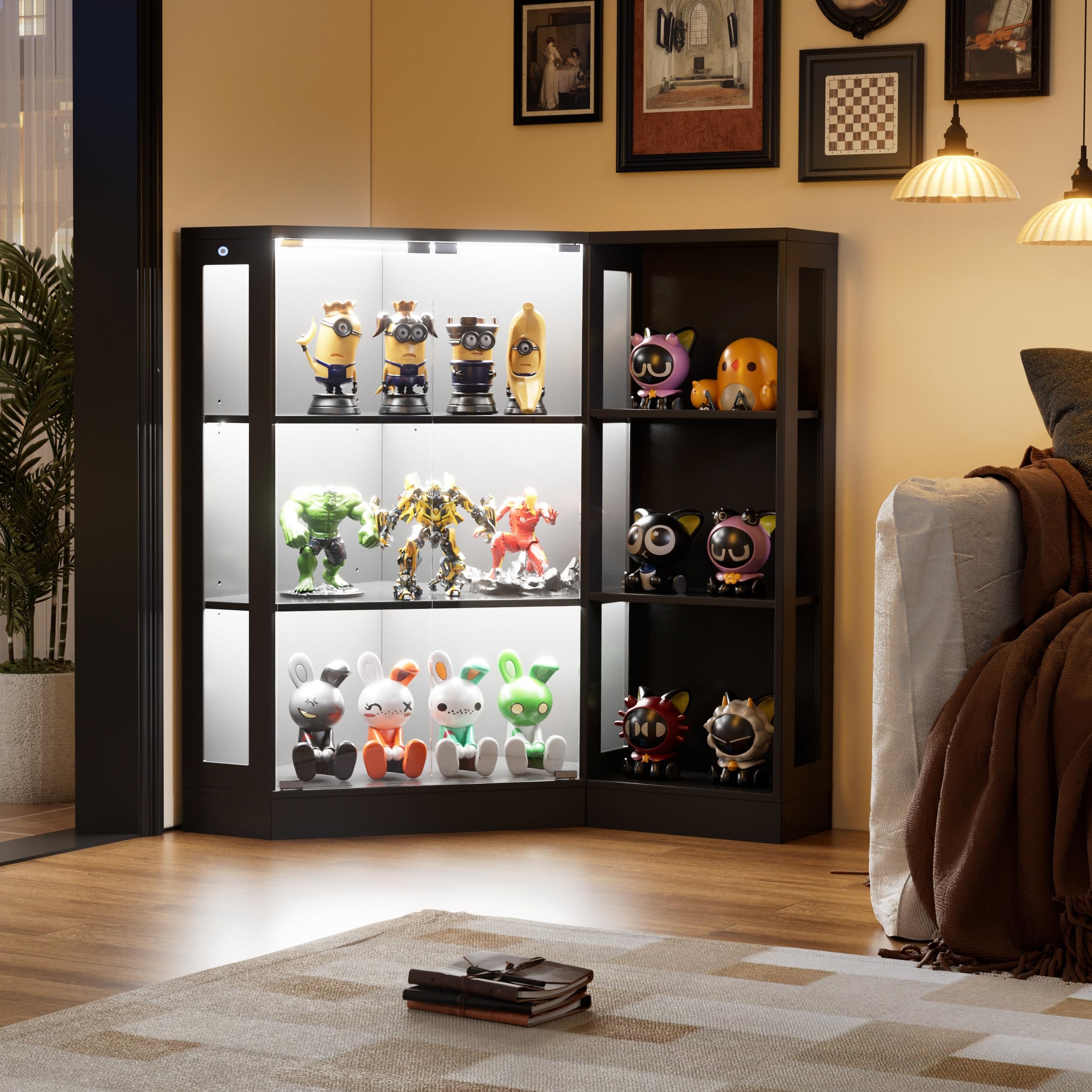 MSFE Vitrine en Verre avec LED, Armoire Vitrine pour Collection avec Capteur Intelligent, 2 Porte 6 étagères, Multifonction Meuble Vitrines LED Salon, Chambre, Entrée, 100x116.5x60 cm, Noir