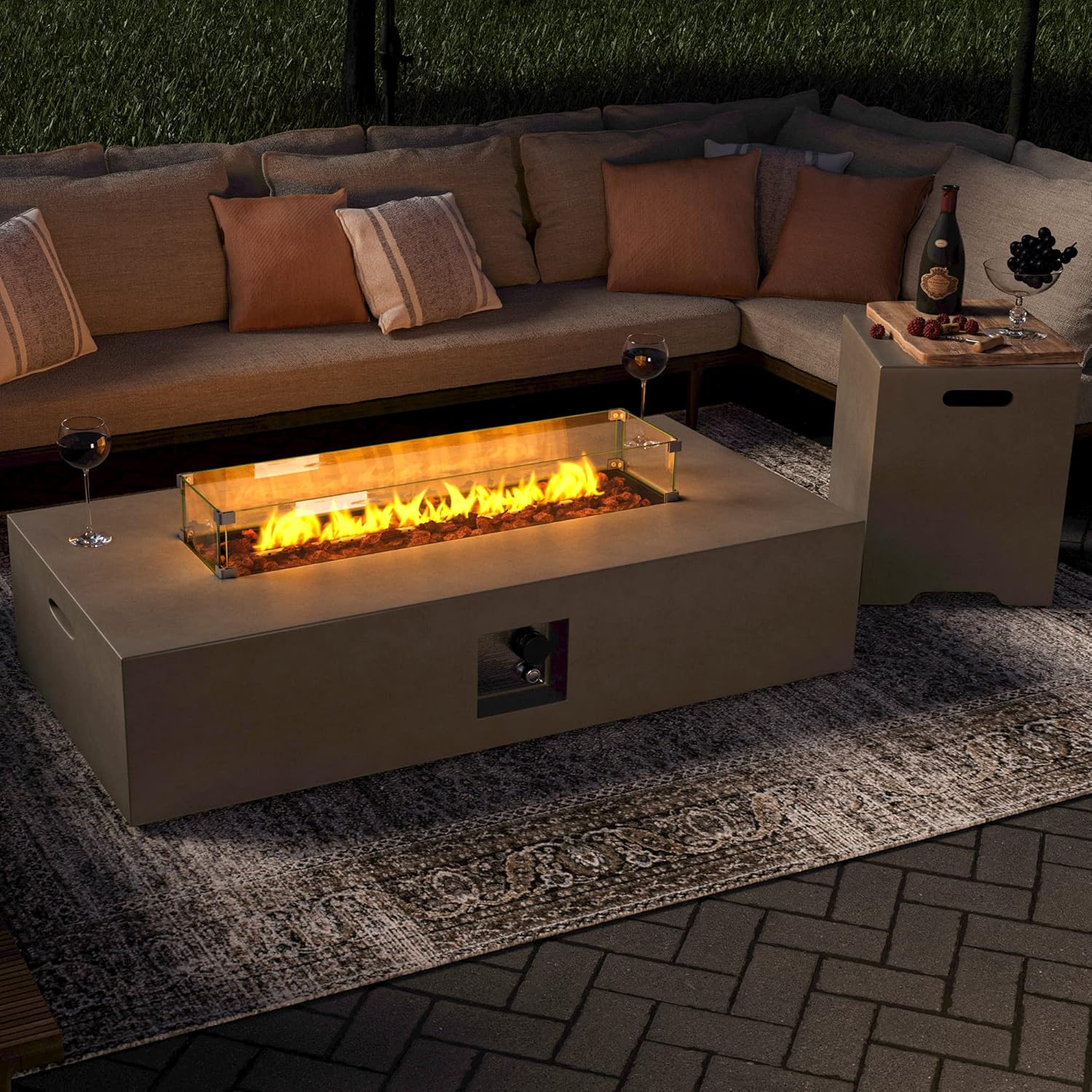 SUNBURY Propane Fire Pit for Outside, Outdoor Rectangle Fire Table 50,000 BTU Fire Pits Table, Gray Gas Fire Pit w 20 Gallon Tank Cover, Glass Wind Guard, Waterproof Cover