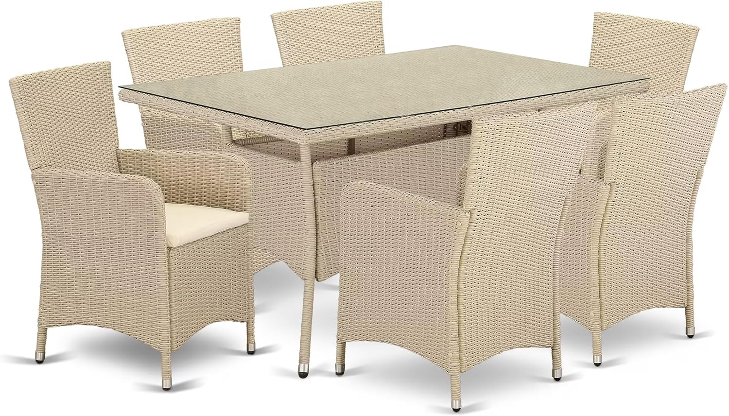 East West Furniture VLLU7-53V 7 Piece Outdoor Wicker Patio Furniture Sets Consist of a Rectangle Bistro Dining Table with Glass Top and 6 Balcony Armchair with Cushion, 35x55 Inch, Cream