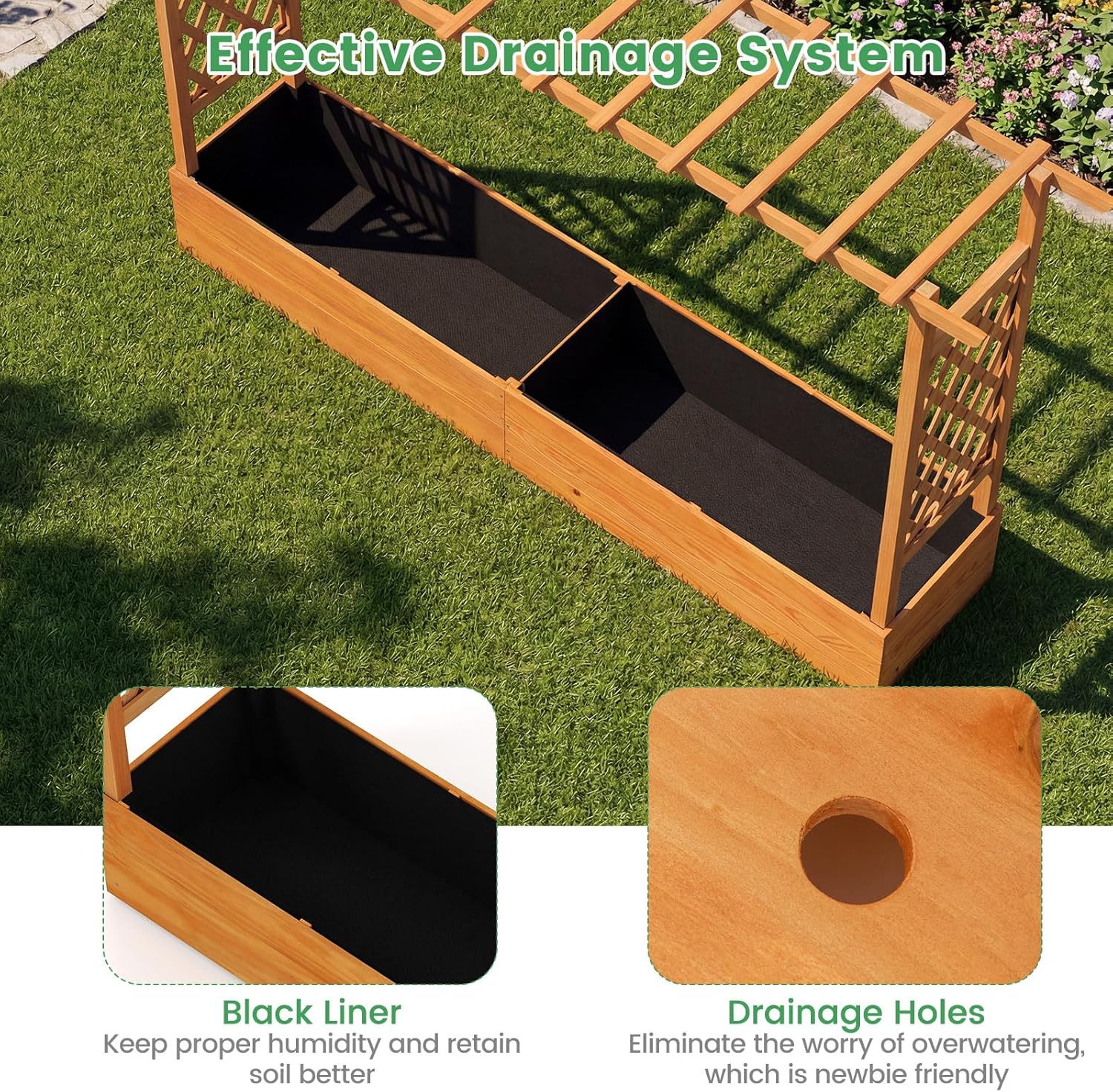 Giantex Raised Garden Bed with Trellis & Hanging Roof, Wood Planter Box with Bottom and Drainage Holes, Freestanding Garden Planter for Flower Vegetable Fruit Herb Climbing Vines (79" x 17.5" x 45")
