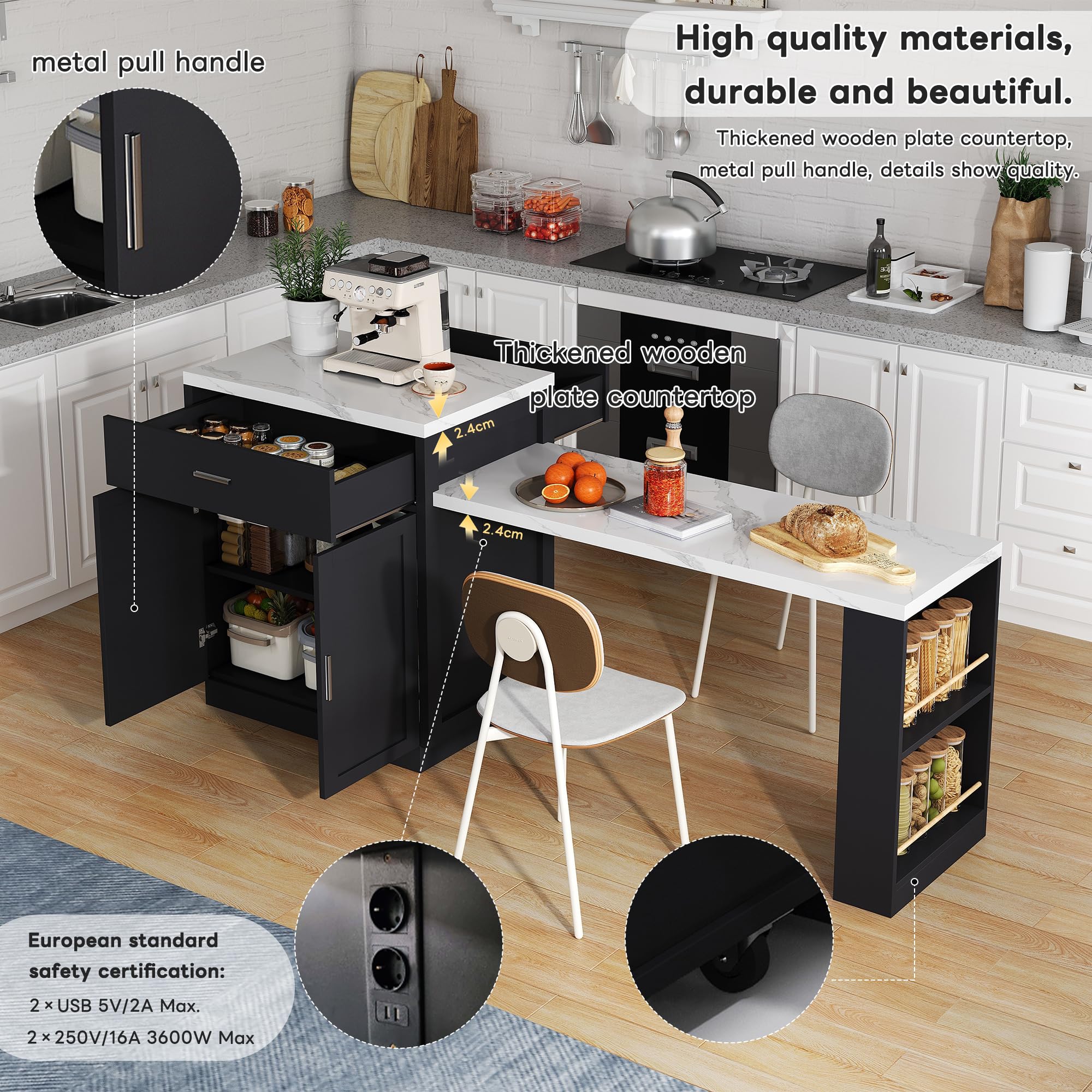 Isola da cucina con tavolo da pranzo allungabile per 4-6 persone,prese elettriche,armadietti,2 cassetti e 2 ripiani aperti sui lati,tavolo con piano d'appoggio bianco,armadietti neri