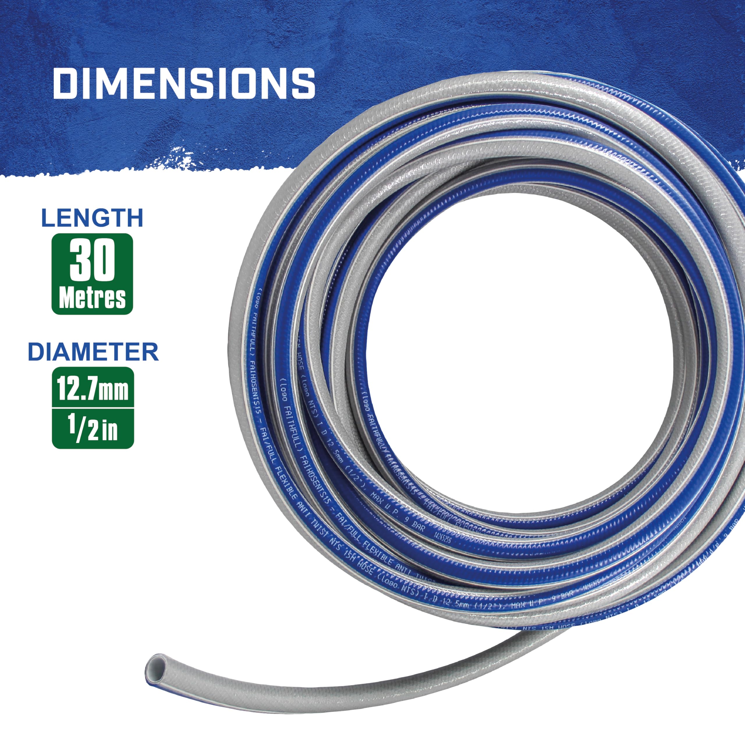 Tubo flessibile antitorsione Faithfull NTS, 30 m (98 piedi), diametro 12,7 mm (1/2 pollice) – Struttura a 5 strati in PVC senza ftalati, rete rinforzata NTS, tubo anti-attorcigliamento e anti-torsione