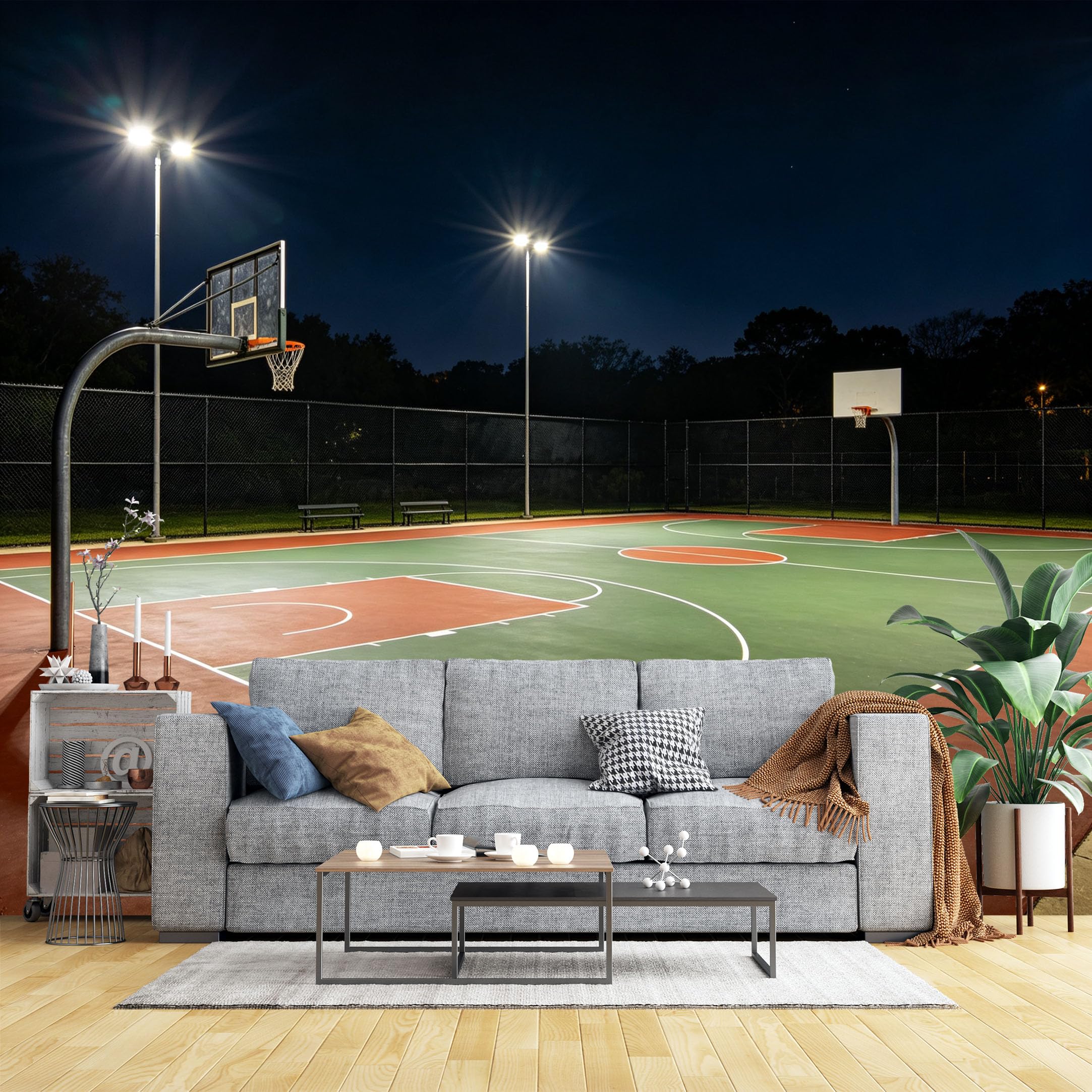 Lcythiazole Ch260604159 Custom Size Wall Murals Night Outdoor Lit Green Basketball Court Wall Murals Sport Interior Wallpaper Wall Covering Fabric Self-Adhesive Removable Wallpaper
