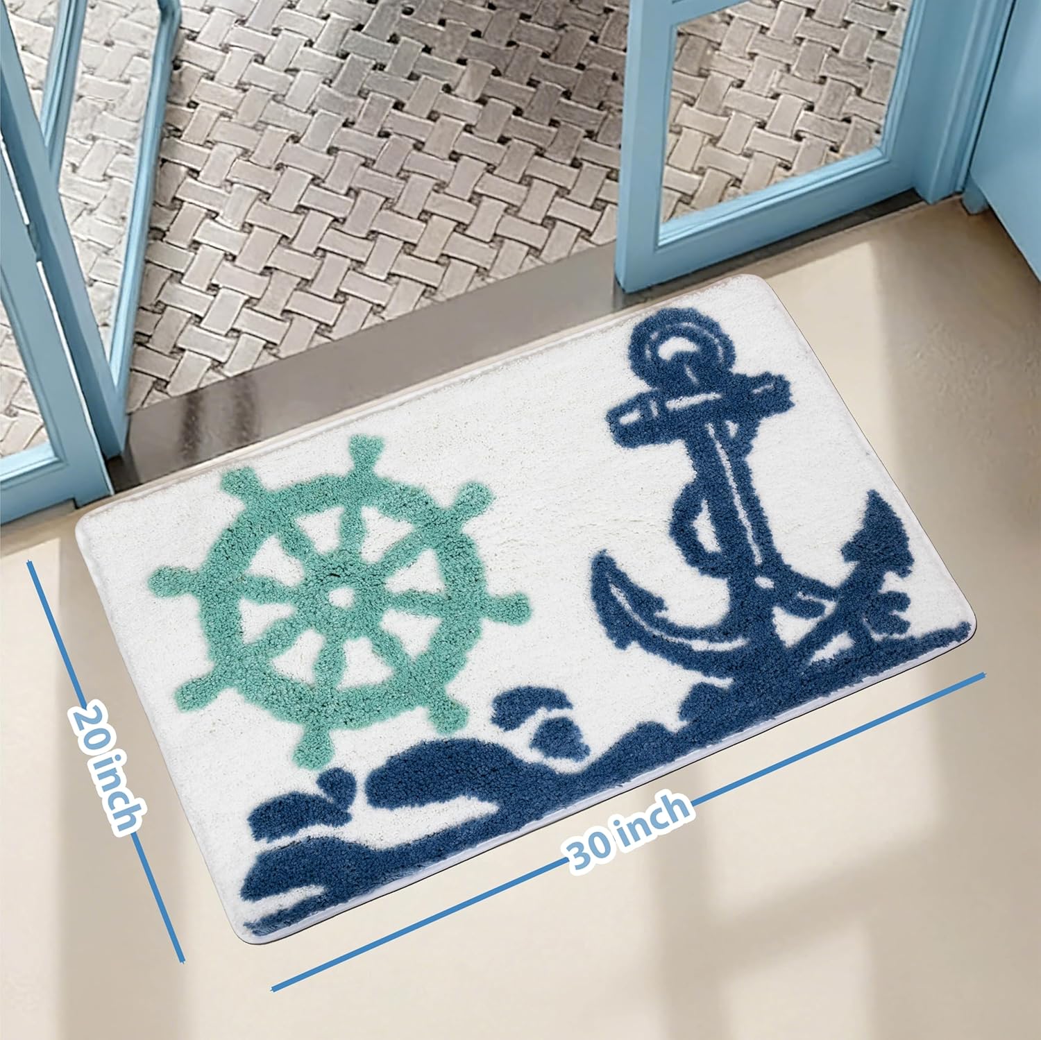ORTIGIA Nautical Anchor Bathroom Rugs Non Slip Washable, 20x32 Soft Microfiber Sea Bath Mat, Quick Dry Absorbent Beach Shower Rug for Bathroom Floor Tub Shower Sink