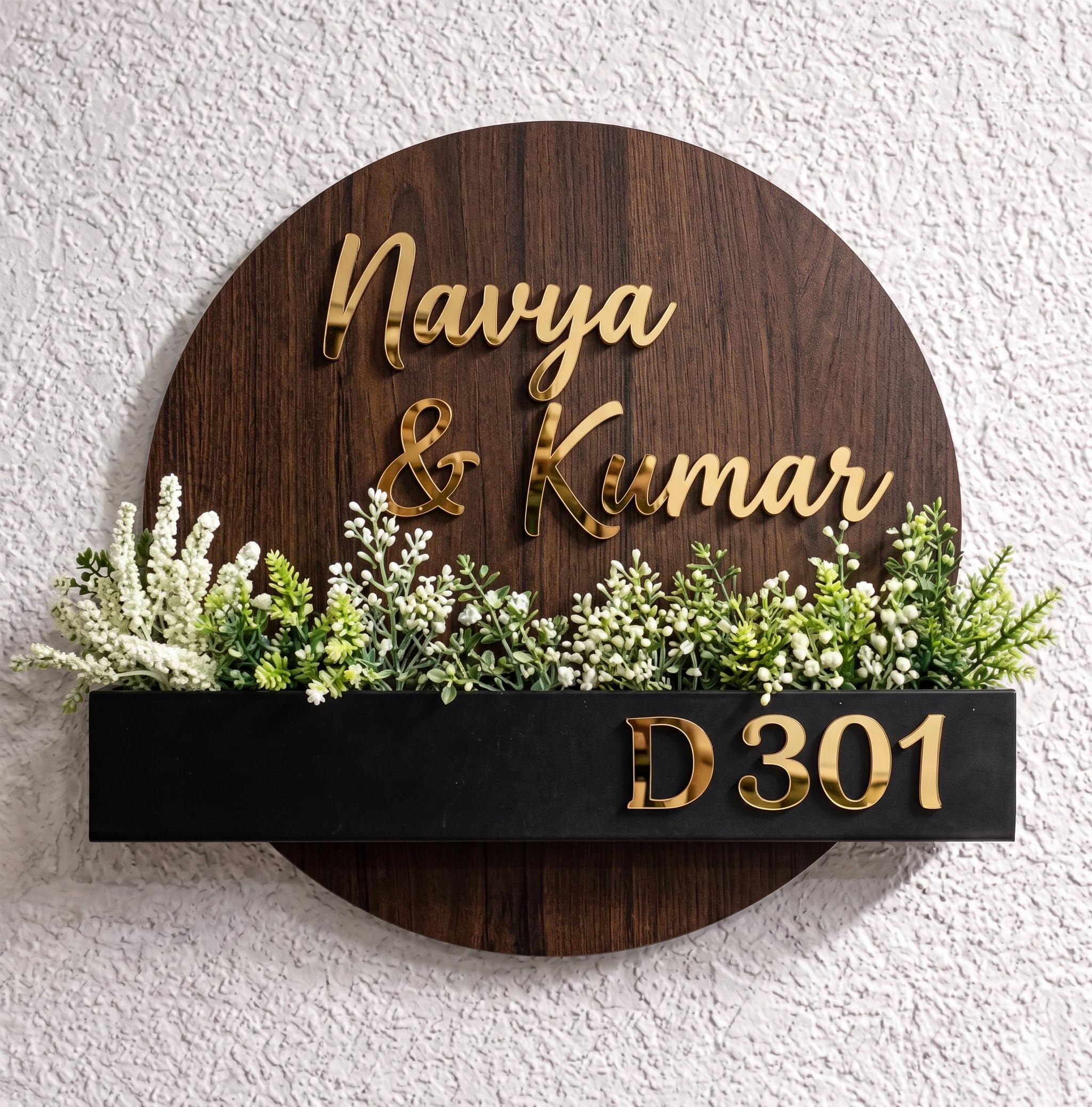 Aarushi Creations Acrylic Personalized Home Door Name Plate Wooden - 3 Year Warranty - 10 Year Design Life - Acrylic Embossed letters, Mirror shine, Brown Base, (Size 12 In Dia Round 5 mm)-picture-25