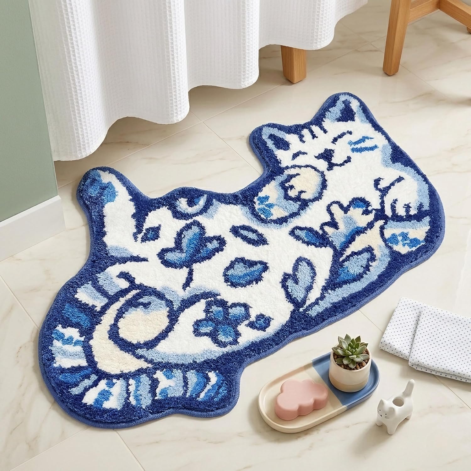 Blue Delft Cat Rug - Cute Cat Bathroom Rug Super Absorbent & Non-Slip Bath Mat, Soft Fuzzy Cute Mat for Small Bathroom or Shower Floor