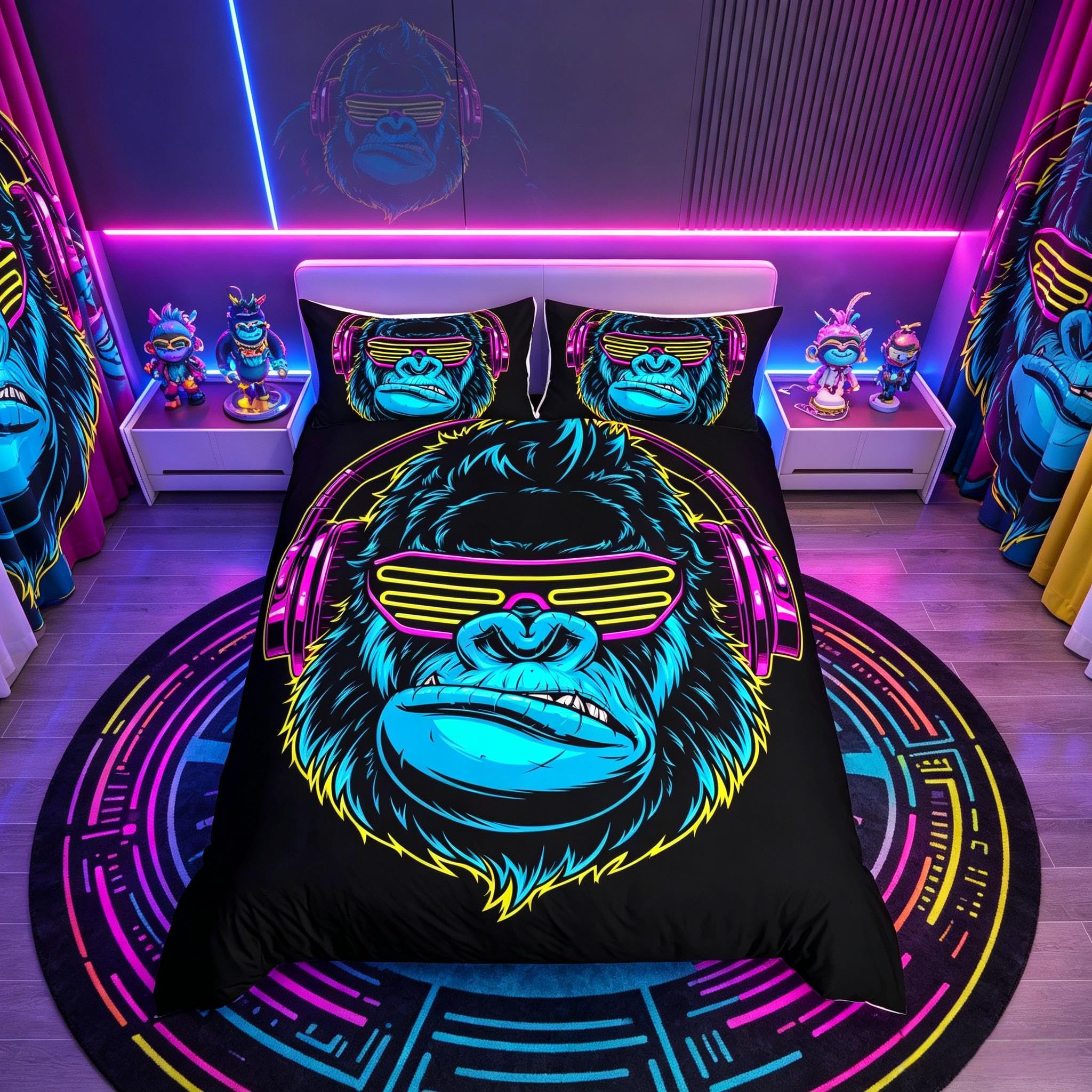 Loussiesd Boys Gorilla Bedding Set for Kids Teens Hip Hop Style Bed Cover Decorative Youth Rock Music Themed Duvet Cover Blue Pink Wild Animal Bedspread Cover King Size 3Pcs Bedclothes