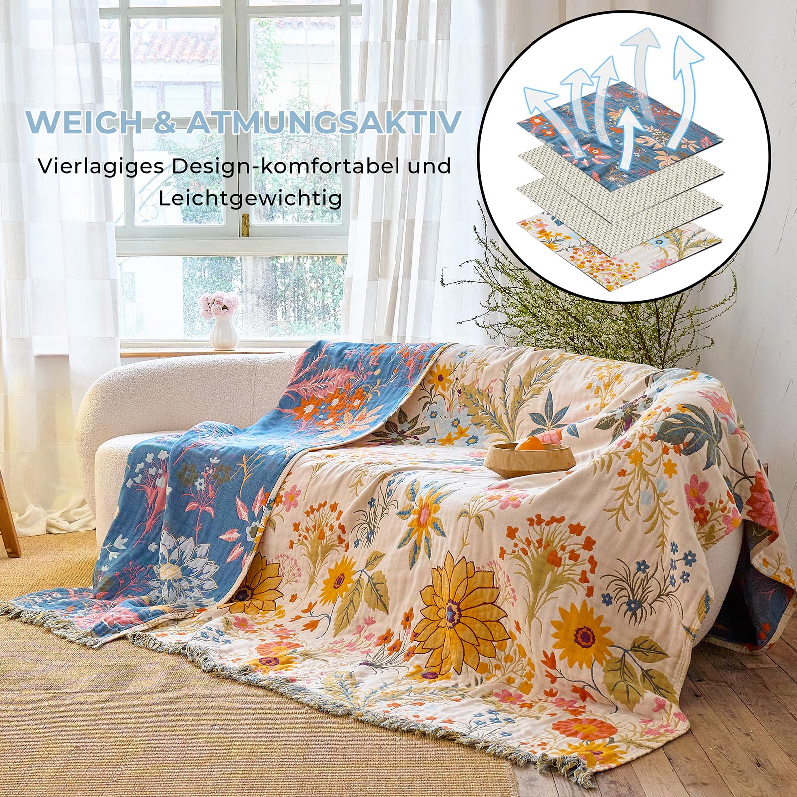 HOORDRY Copriletto boho in 100% cotone, 230 x 250 cm, double face, grande coperta per divano con nappe, di alta qualità, decorativa morbida, adatta come copriletto, copridivano o coperta per TV, beige