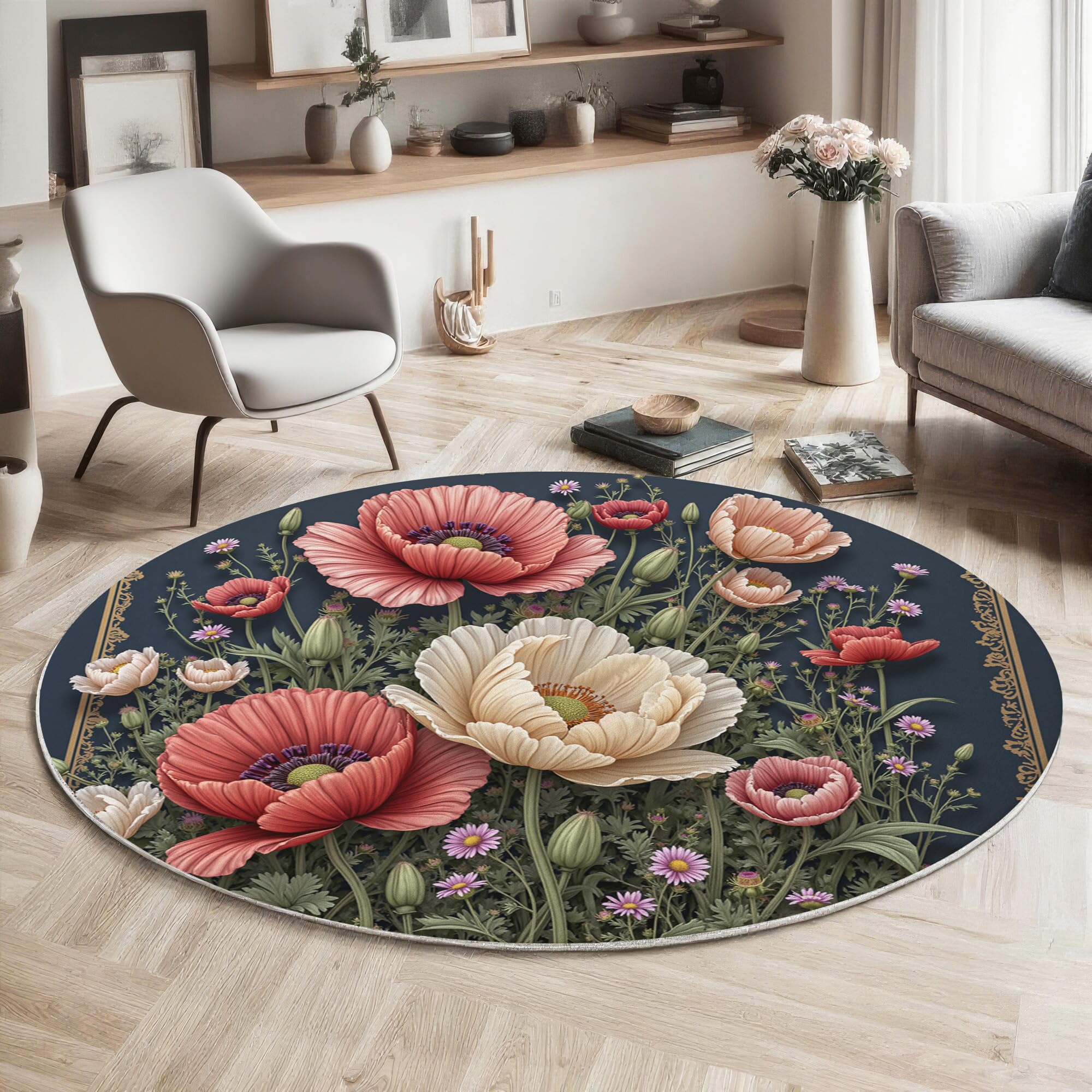 Tapis rond lavable en machine 200cm antidérapant coquelicot rose bleu marine