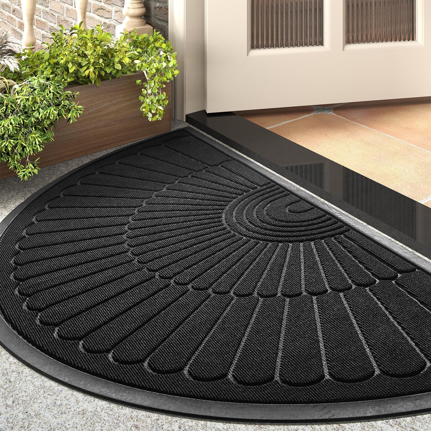 Door Mat Outdoor Indoor Entrance Doormat-Semicircular Durable Rubber Non Slip Front Door Mat for Outside Inside Entry Entryway Dirt Trapper Welcomemat for Muddy Paws and Shoes-Black 24”x47”