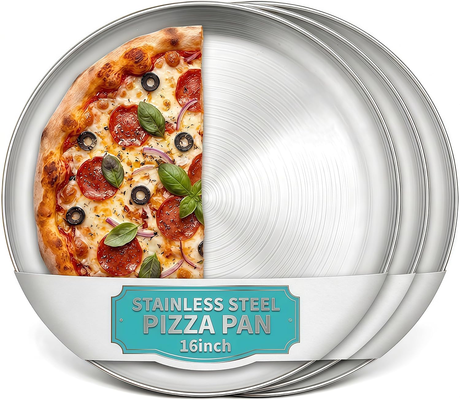 Stainless Steel Pizza Pan 16 inch, Pizza Pan for Oven, Thick Round Pizza Tray Baking Sheet, Large Metal Pizza Pan, Dishwasher Safe, Easy Clean & Dishwasher Safe, Set of 3
