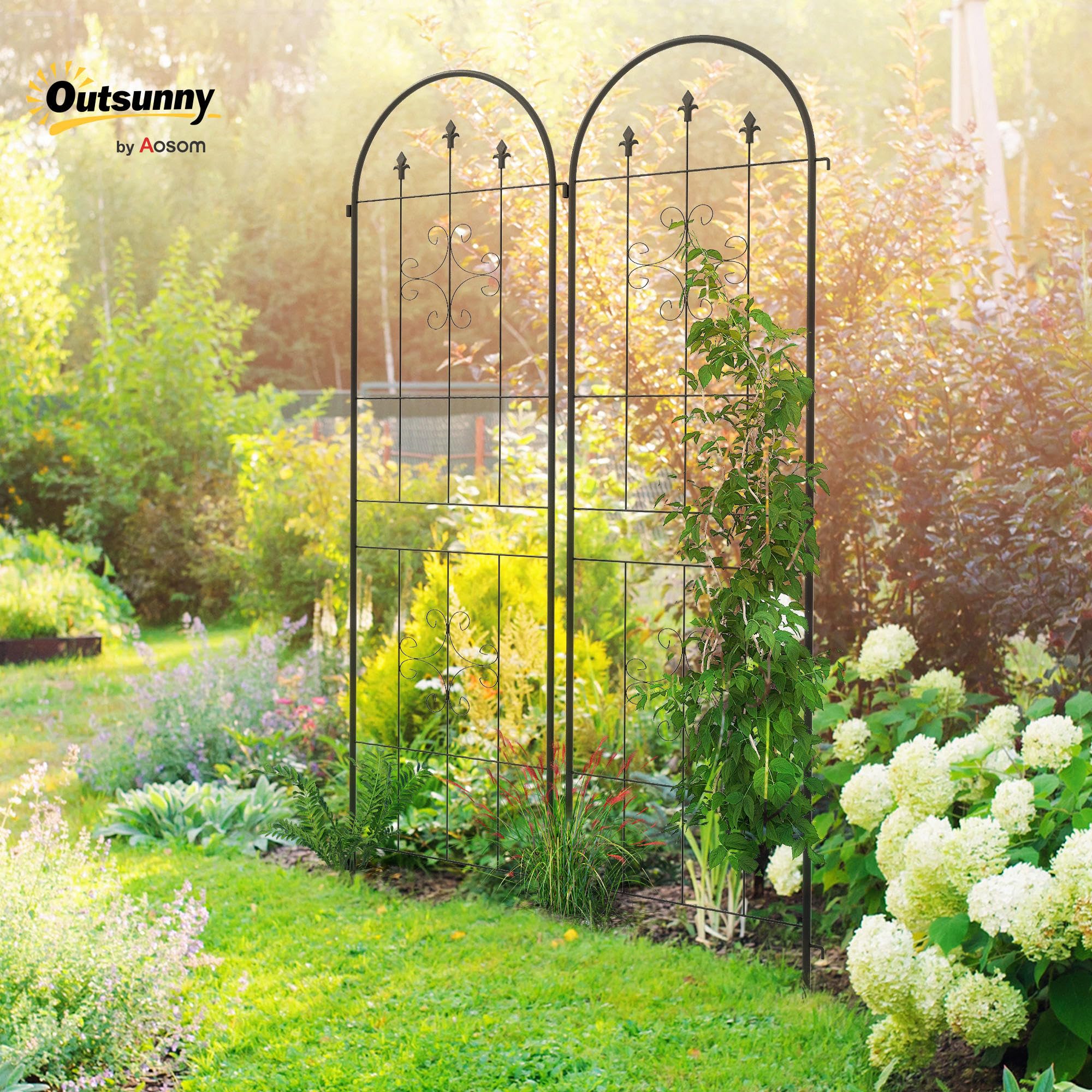 Outsunny Juego de 2 Enrejados de Jardín, Soportes para Plantas Trepadoras con Marco de Acero, para Frutas, Verduras, Flores, Decoración Exterior para Patio, Terraza, 50x180 cm, Negro