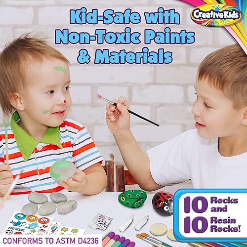 Miniatura 4 de Kit de pintura de rocas para niños, paquete a granel de 80 piezas, 20 rocas, 5 pinturas que brillan en la oscuridad y 12 pinturas estándar, 5
