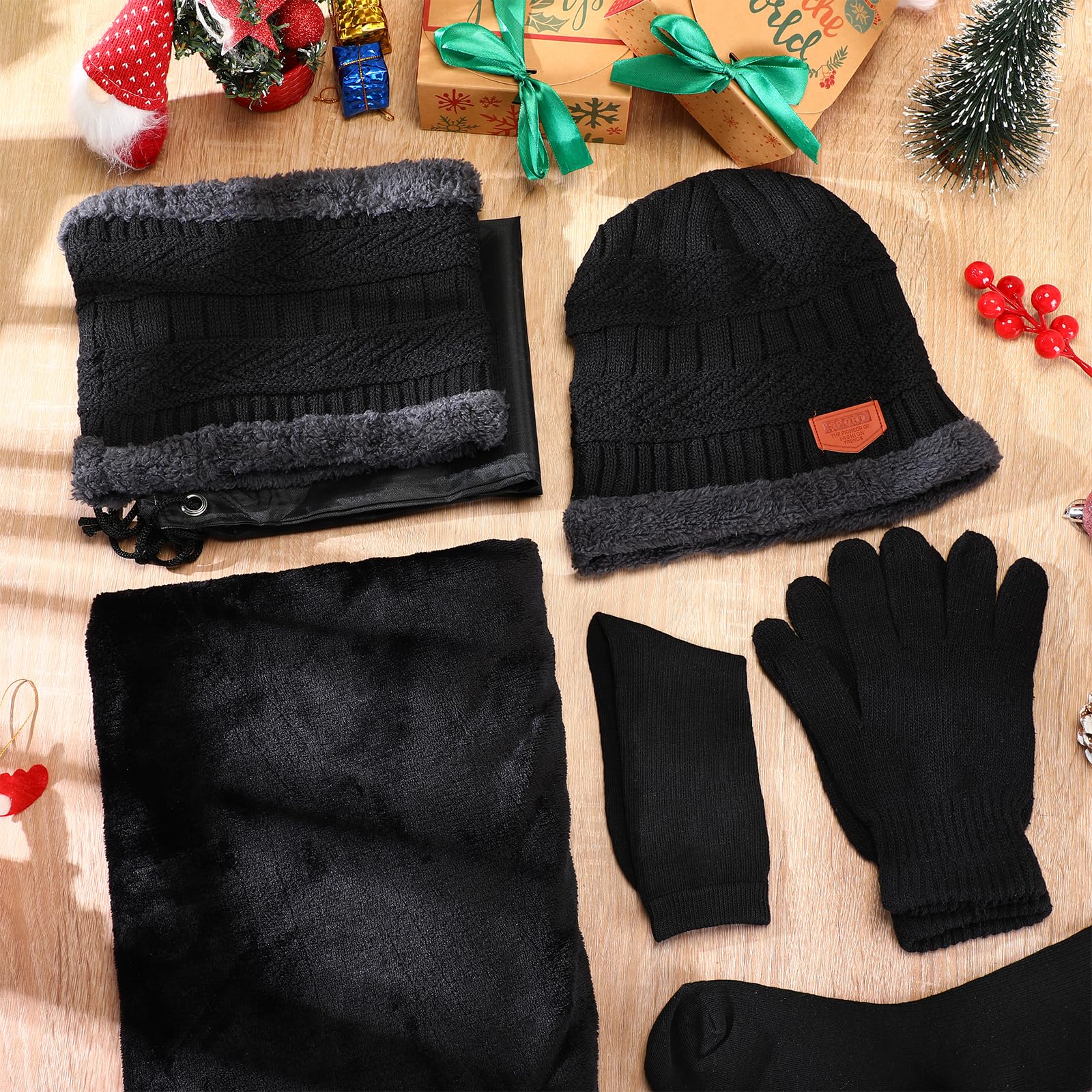 Suhine 72-teiliges Wintermütze, Halswärmer, Handschuhe und Socken-Set mit warmer, flauschiger Decke und Kordelzugbeutel, Großpackung für Männer und Frauen, Obdachlosenpflege, Schwarz, Schwarz, Medium