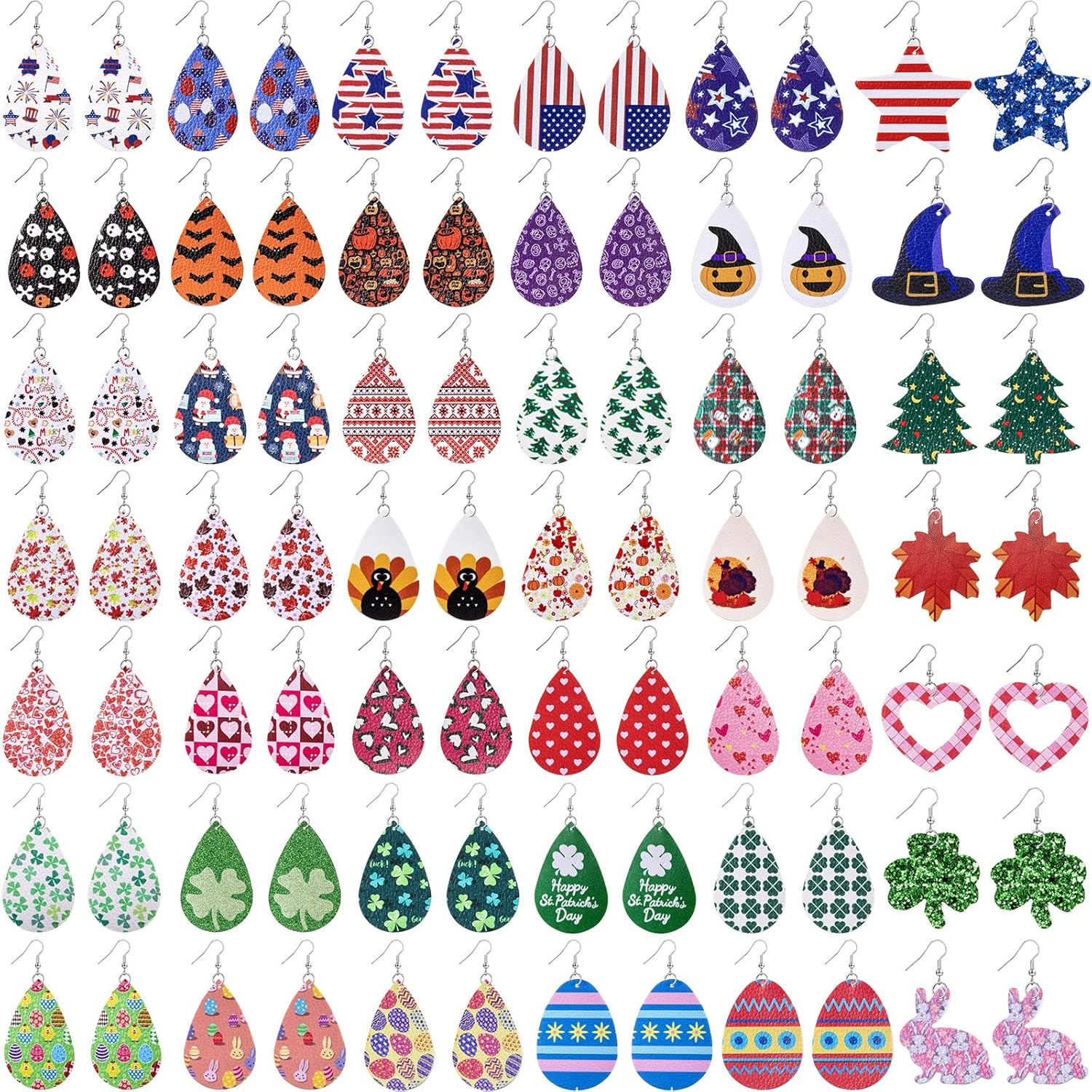 42 Pairs Faux Leather Earrings Set for Women Valentine St Patrick's Day Easter Independence Day Halloween Thanksgiving Christmas