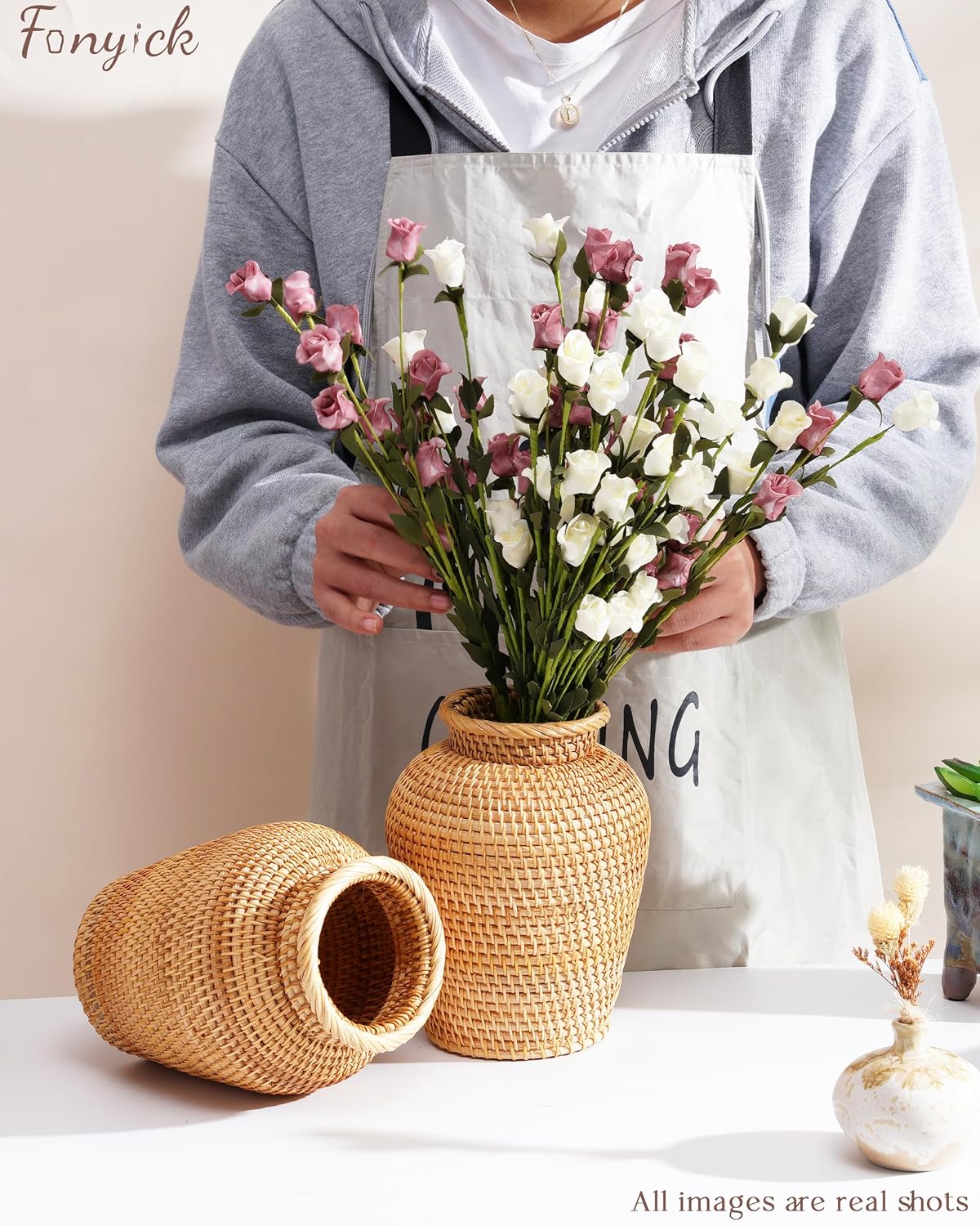 Rattan Vase, Small Braided Boho Vases for Pampas Grass & Flower Arrangement, Hand Woven Vases Decor, Rustic Farmhouse Round Wicker Vase Basket for Centerpieces,6" D x 8" H, Brown