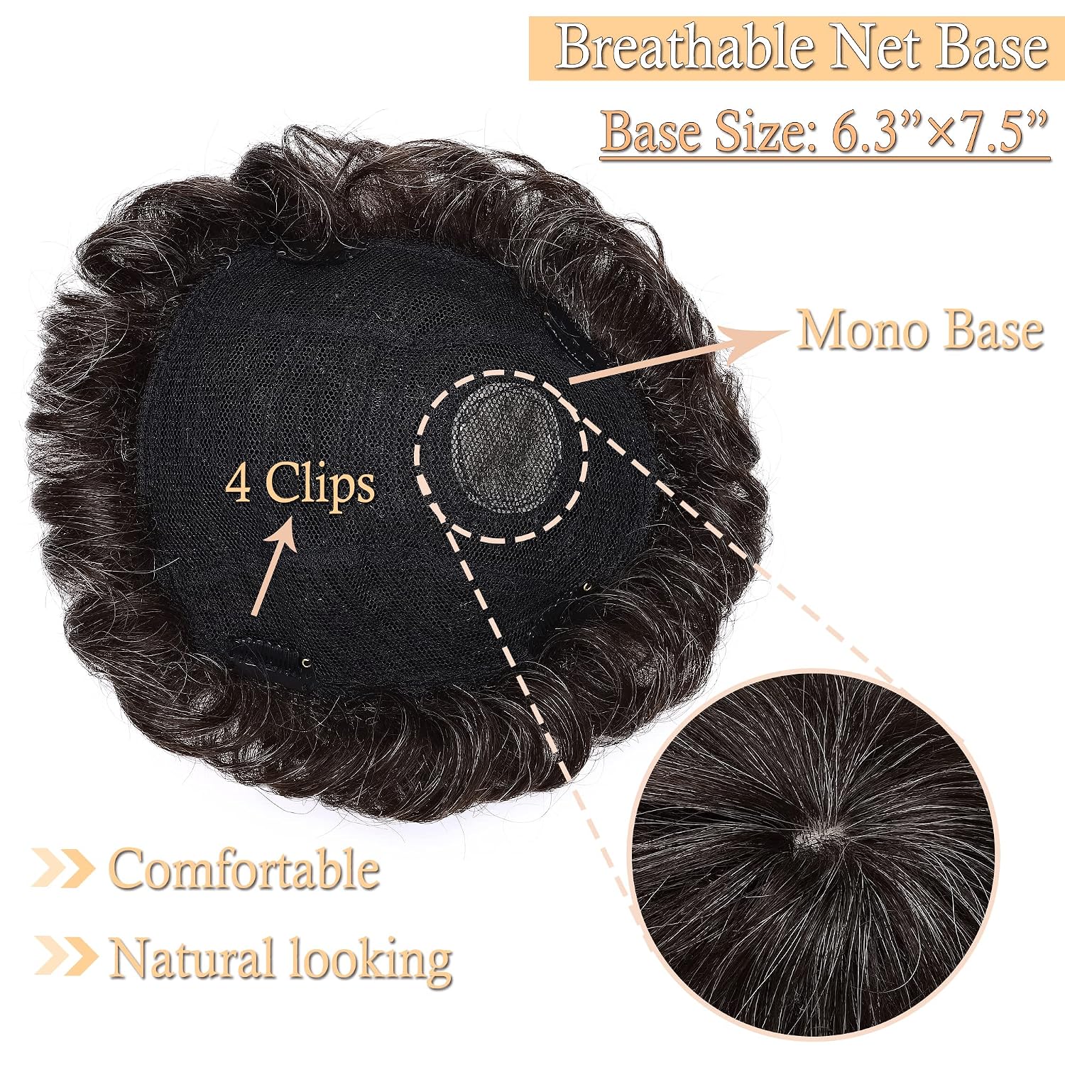 SEGO Men's Toupee Human Hair Topper for Women With Short Hair 150% Density 16x19cm Mono Base Real Human Hair 4 Inch Short Curly Hairpiece Replacement Wig -Medium Brown mix White