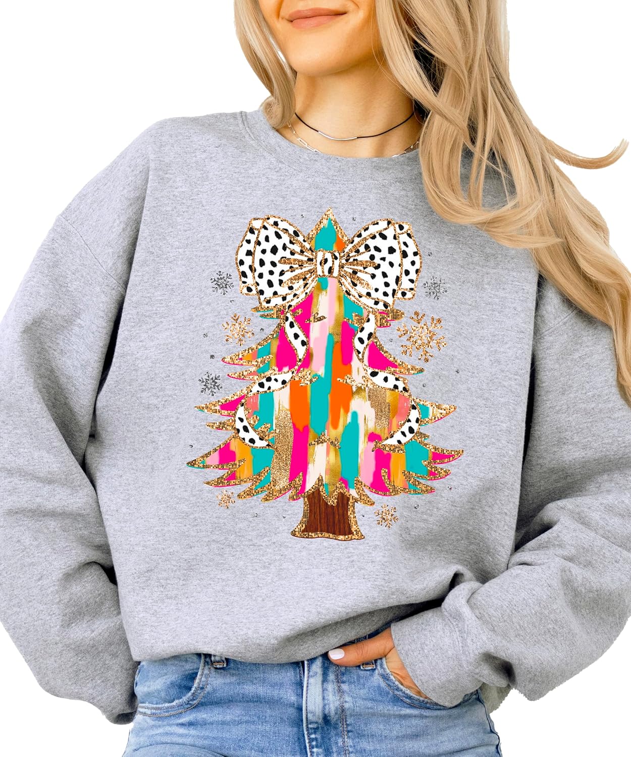 Olive Loves Apple Colorful Christmas Tree with Dalmatian Print Bow Topper Sweatshirt for Women Teens and Girls