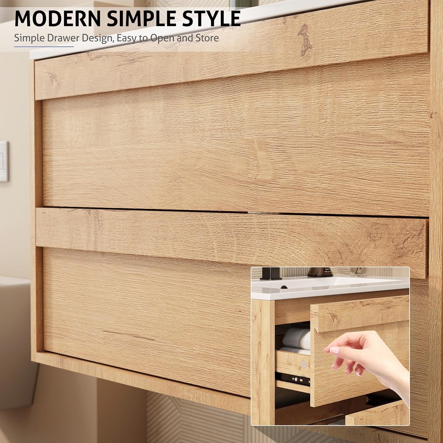 eclife 24" Floating Bathroom Vanity Sink Combo, Wall Mounted Modern Minimalist Storage Cabinet with 2 Drawers, Include Sink, Faucet & Drain, Natural