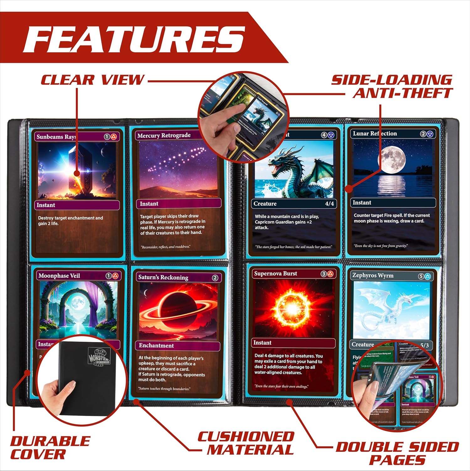 Monster 4 Pocket Trading Card Album - Matte Black Binder, Anti-Theft & Anti-Drop TCG Protection w Side Loading Pockets, Holds 160 Cards-Compatible with Major Trading Card Games