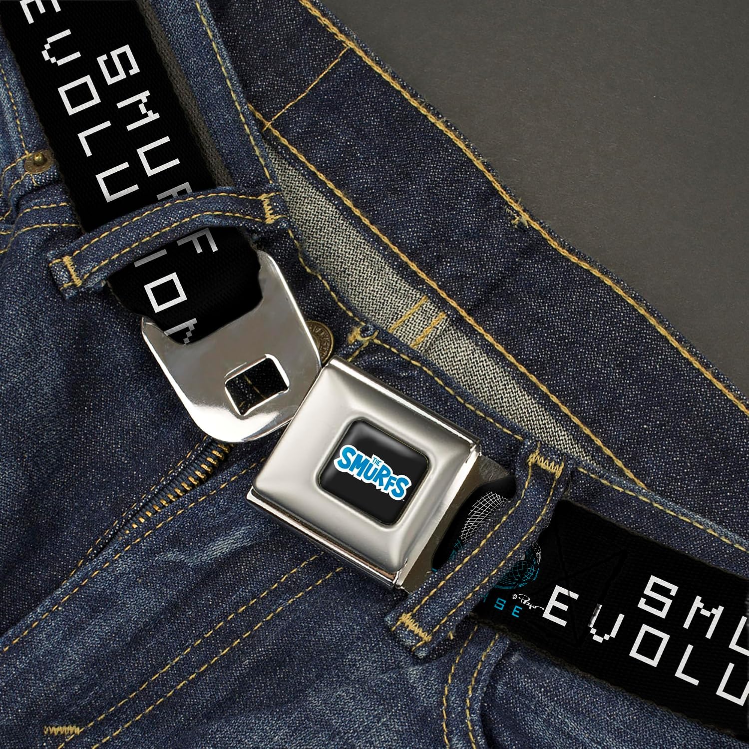 The Smurfs Belt, Seatbelt Buckle Belt, Smurf Evolution From Paper to Metaverse Smiling Face Black, Adjustable