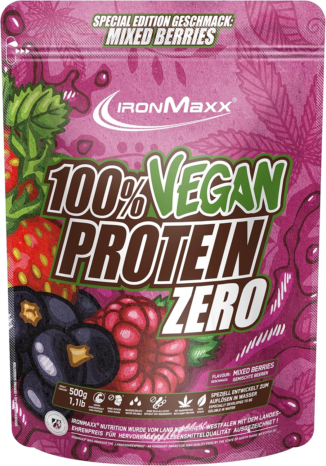 IronMaxx 100 Vegan Protein Zero Mixed Berries 500g Zuckerfreies