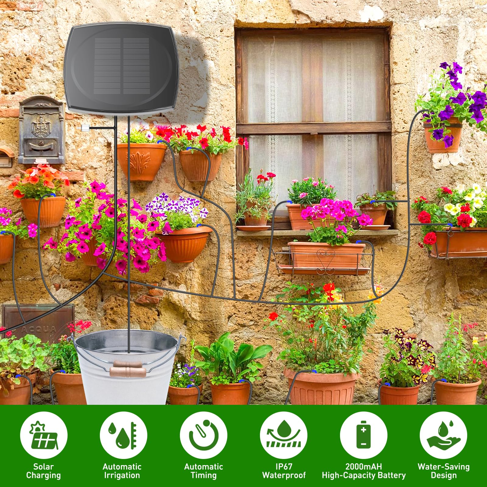 Onherm Arrosage Automatique Solaire, 12 Modes de Minuterie et Tuyau D’Irrigatio 15M, Arrosage Goutte a Goutte Solaire Système Kit pour Jardin, Balcon et Plantes en Extérieur