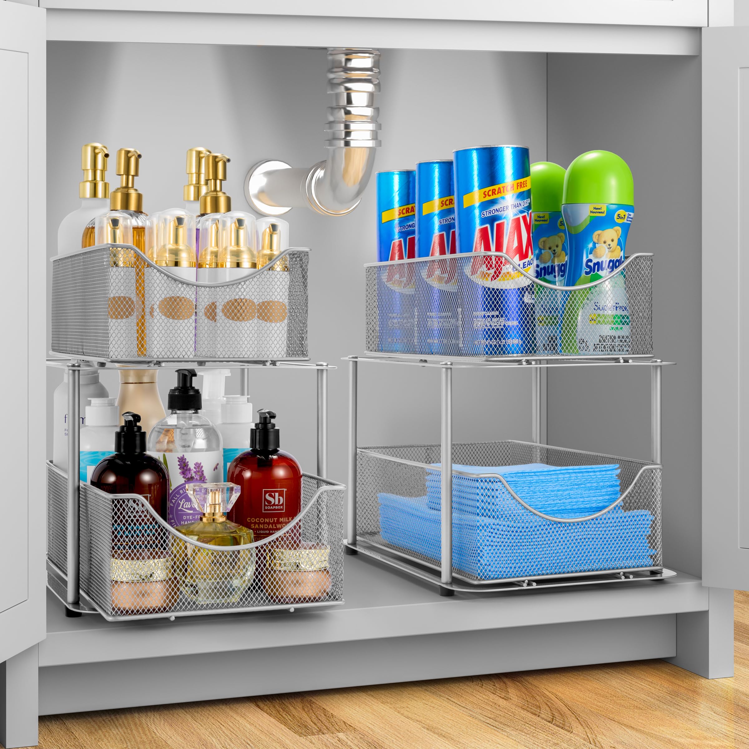 Sorbus Organizadores y almacenamiento de 2 niveles para debajo del fregadero, cajones deslizantes de malla de acero fuerte para un mejor almacenamiento del baño, organización y almacenamiento del baño