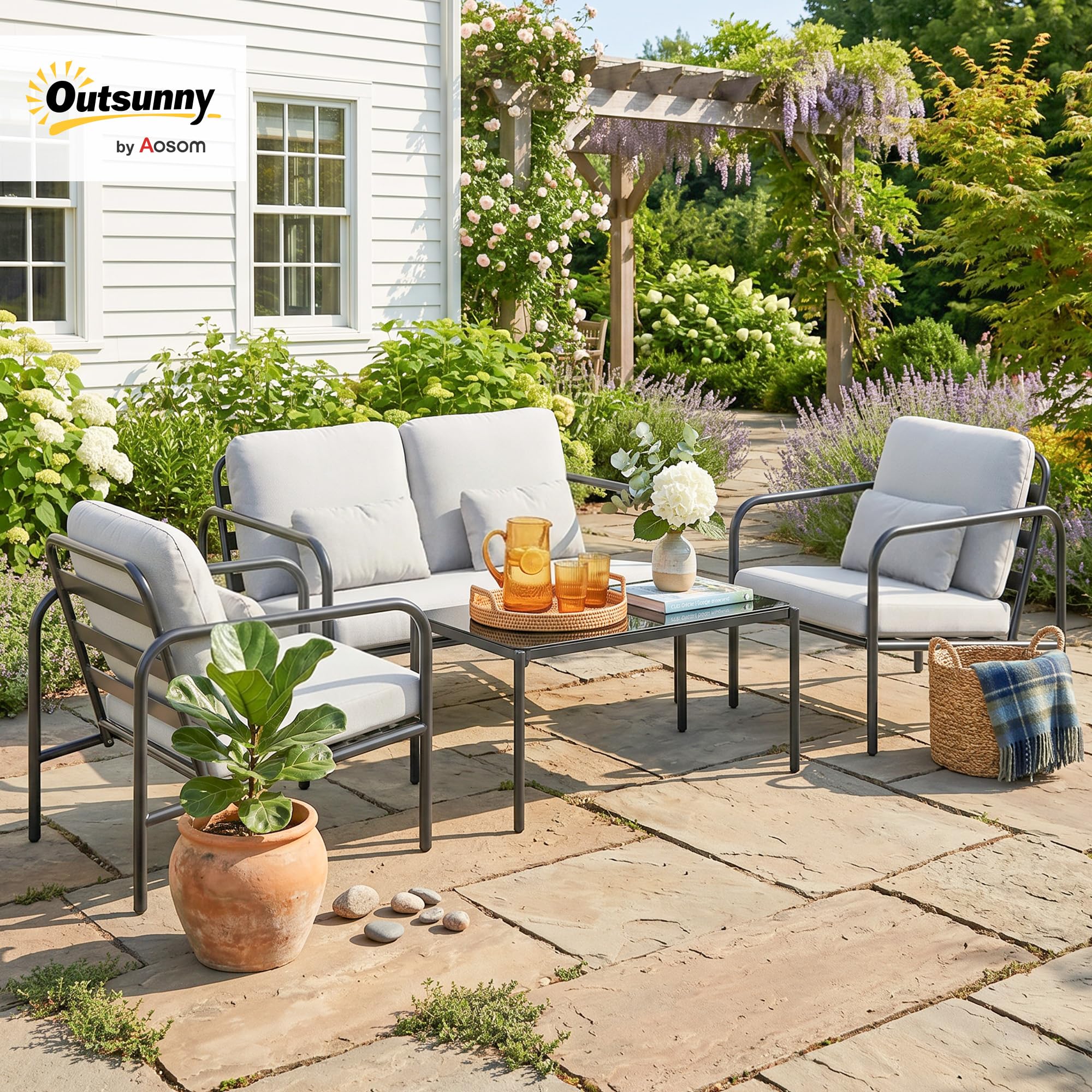 Outsunny Set Salotto da Giardino 4 Pezzi, Acciaio, Divano 2 Posti, Poltrone, Tavolino Vetro, Cuscini, Grigio Chiaro