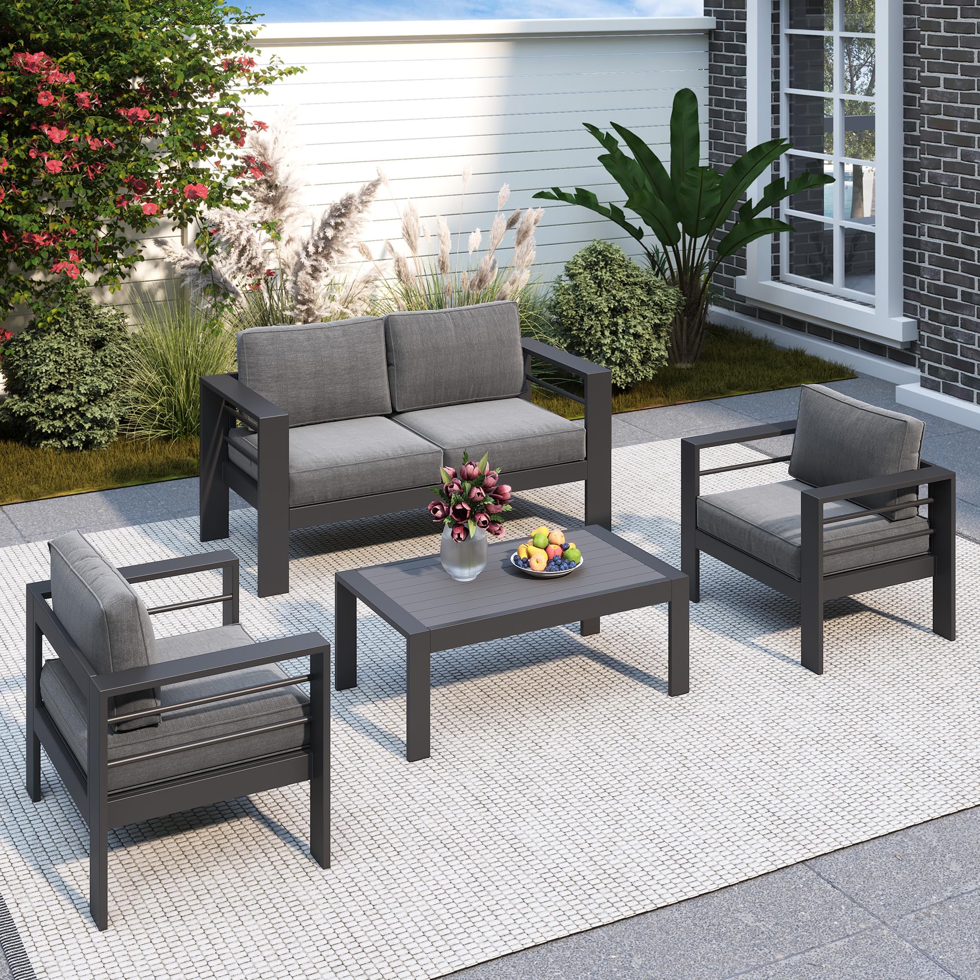 Solaste Outdoor Aluminum Furniture Set,4 Pieces Patio Sectional Chat Sofa Outdoor Conversation Set with Table,Dark Grey