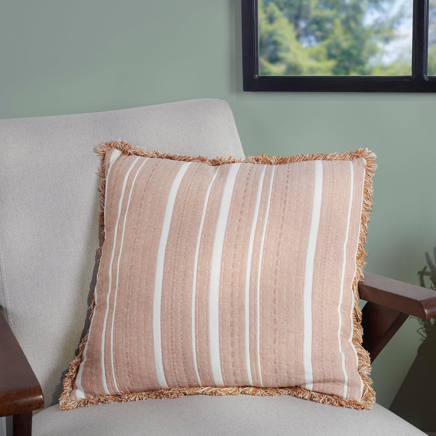 Primitives by Kathy Striped Throw Pillow, Vintage Cream/Rust Orange Stripe Pattern, Yarn Stitched Details, Fringe Trim, Everyday 20x20 Accent Pillow in a Neutral Palette Complements Most Any Decor