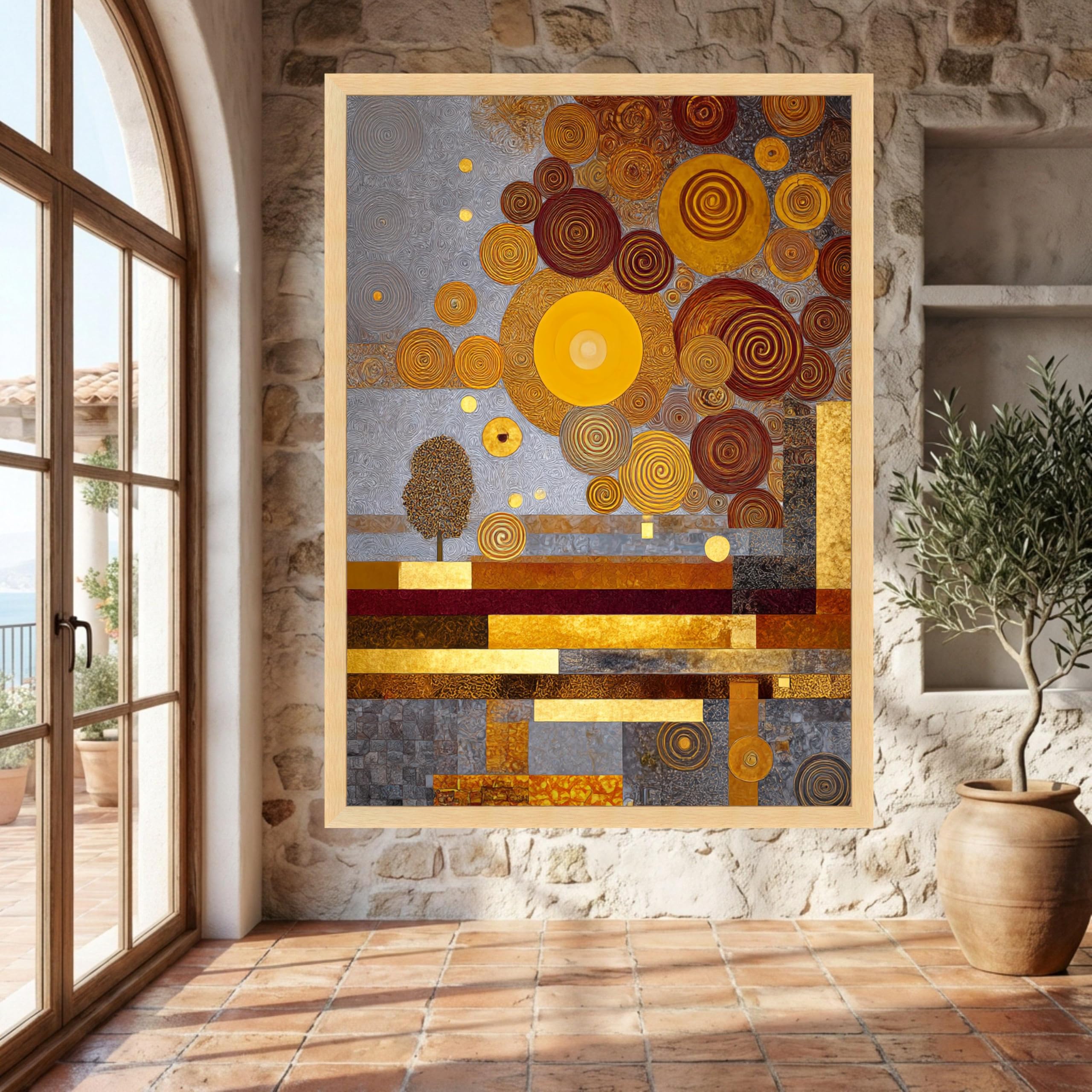YUSUZHU Big Size Golden Circles Abstract Canvas, Modern Geometric Wall Art, Contemporary Decor Canvas for Living Room Painting(21x30cm/Frameless)