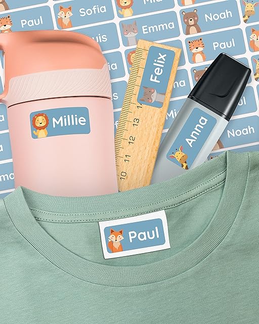 melu kids® Name Labels for Clothes & Items (50, Blue) No-Iron Labels, Personalised and Washable Clothing Kids Name Stickers, Stick on Tags School, Care Homes