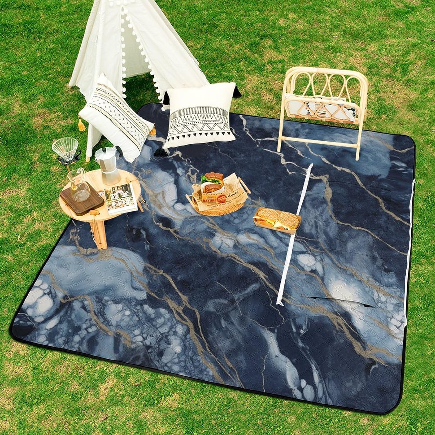Marble Navy Blue Mixed Picnic Blanket 150x150cm, Foldable 2-in-1 Picnic Mat and Tote Bag Portable Waterproof Beach Mat Sandproof Outdoor Blanket for Park, Hiking, Beach, Camping, Travel