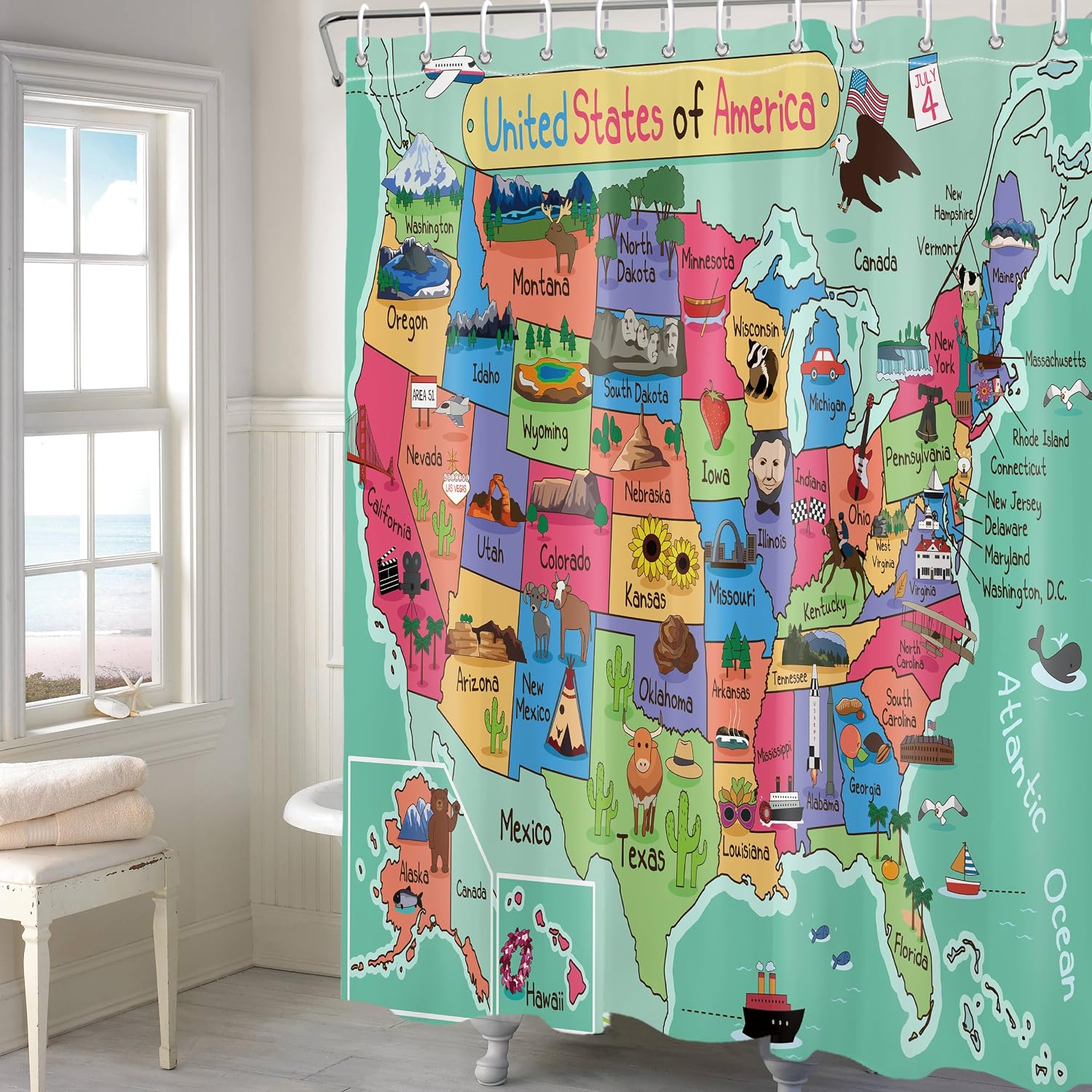 American Map Shower Curtain Fun Kids Bathroom Shower Curtain Set World Map for Kids Shower Curtains Cloth Fabric Shower Curtain