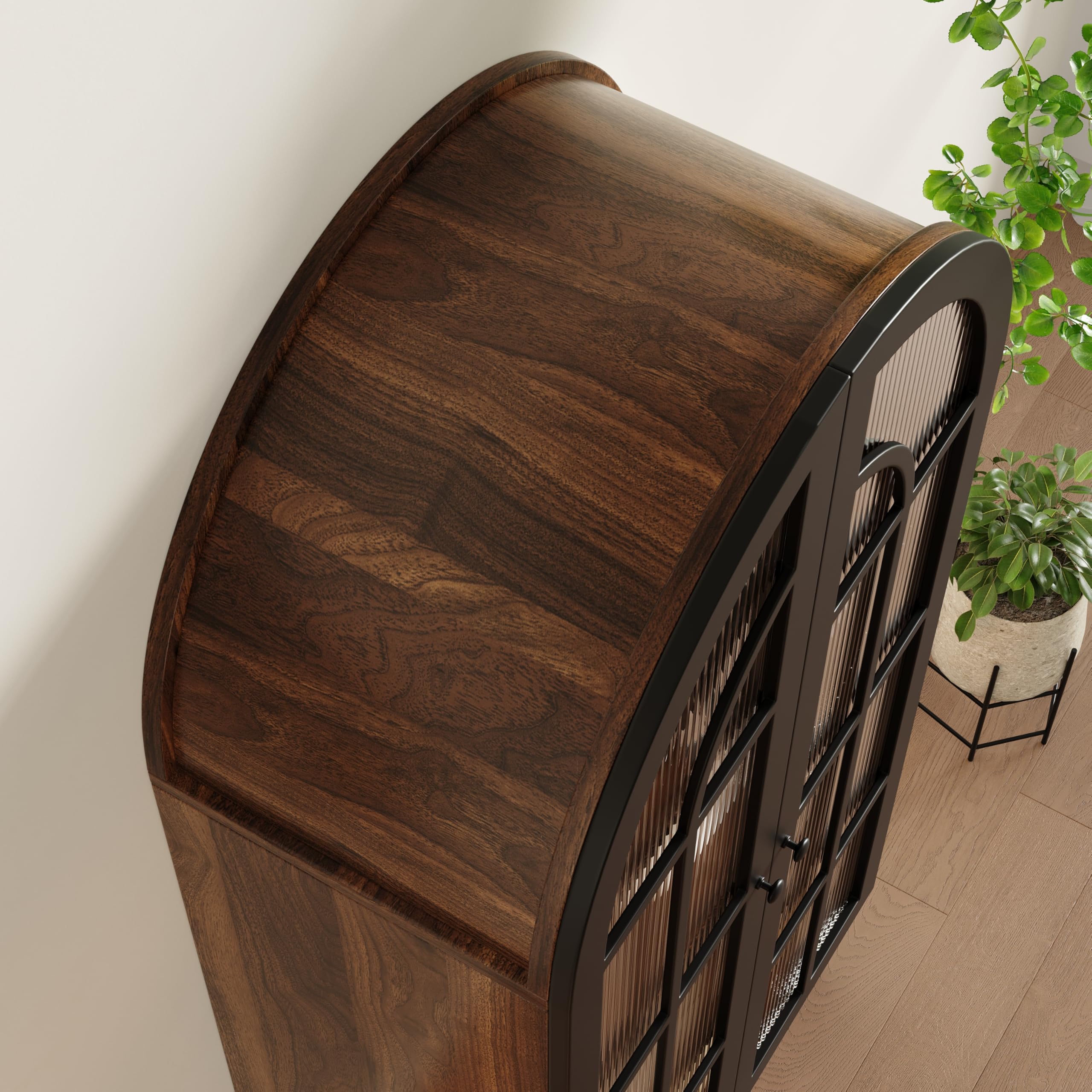 Armadietto ad arco alto autoportante per cucina e soggiorno, vetrina con ante in vetro, venature del legno, nero