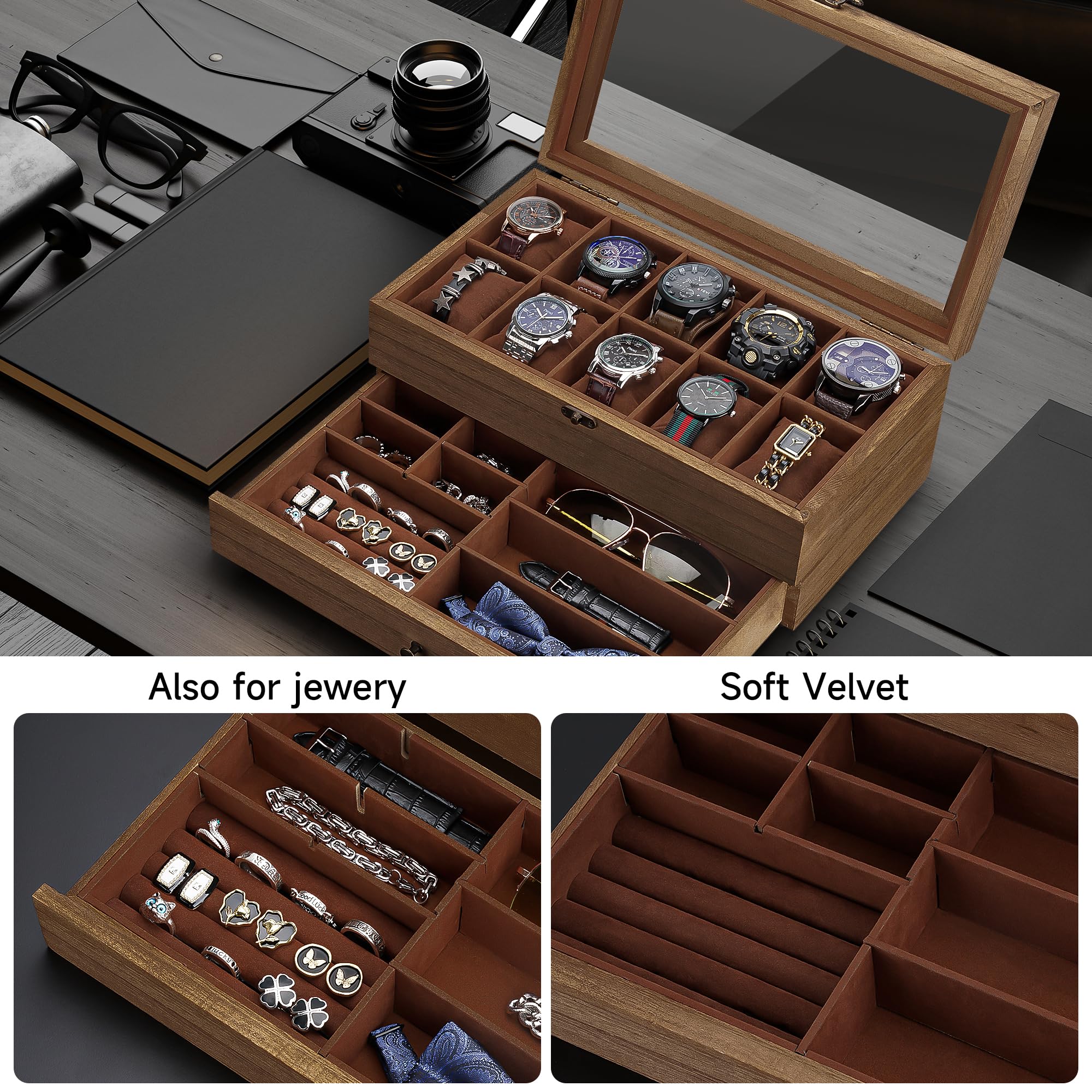 Somduy Wooden Watch Box with 10 Slots, 2-Tier Watch Display Case for Large Dial Watches, Christmas Gifts, Watch Box Organizer with Glass Lid, Removable Velvet Watch Pillows, Jewelry Box, Walnut