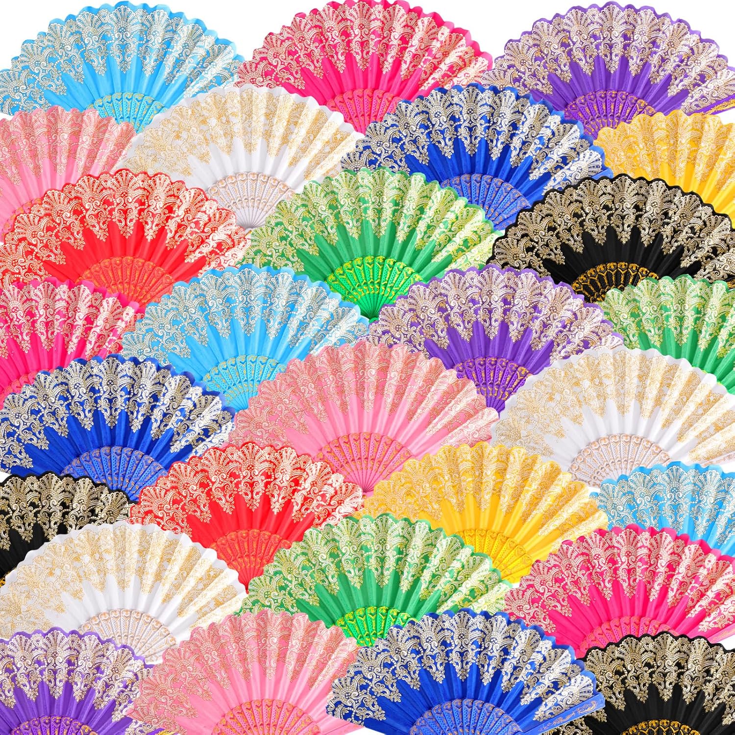 Geetery 100 Pcs Chinese Folding Hand Fan Bulk for Line Dancing, Colorful Clacking Silk Fabric Fans for Popping, Wedding, Church, Halloween Cosplay Party, Gifts, Home Decor(Vivid Color,Lace Pattern)