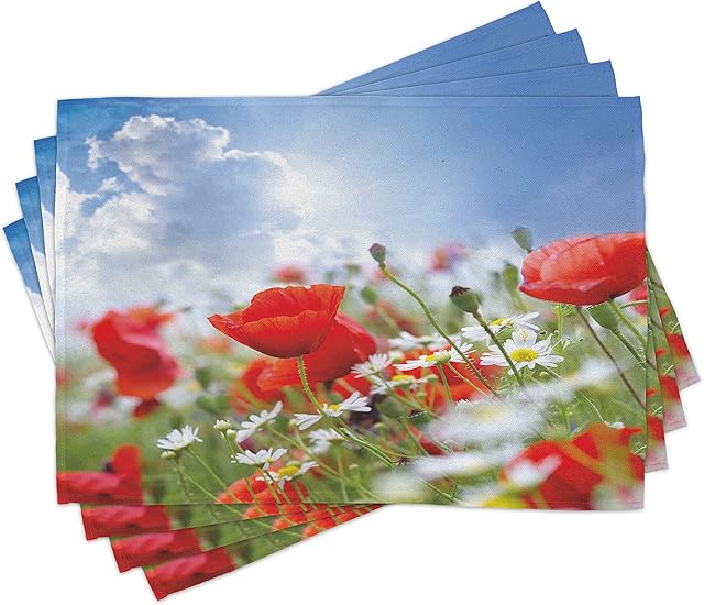 ABAKUHAUS Country Place Mats Set of 4, Spring Meadow, Washable Fabric Placemats for Dining Room Kitchen Table Decor, Multicolor
