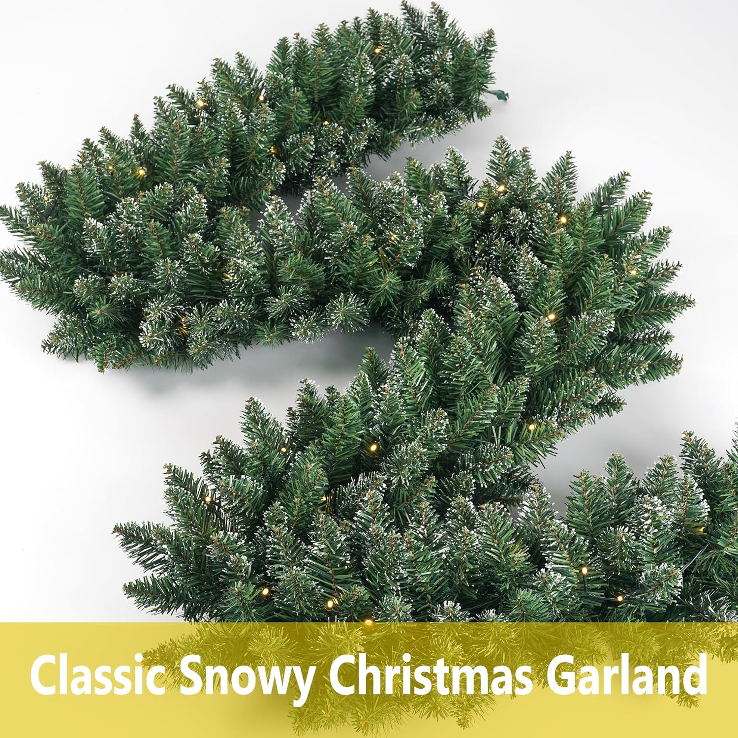 Christmas Garland 9 Ft by 12 Inch Prelit Fraser Fir Xmas Garland with 50 LED Lights, Real Like Lush and Classics Green Style for Indoor Outdoor Home Decoration (Brief-Snowy_Battery) - Image 6
