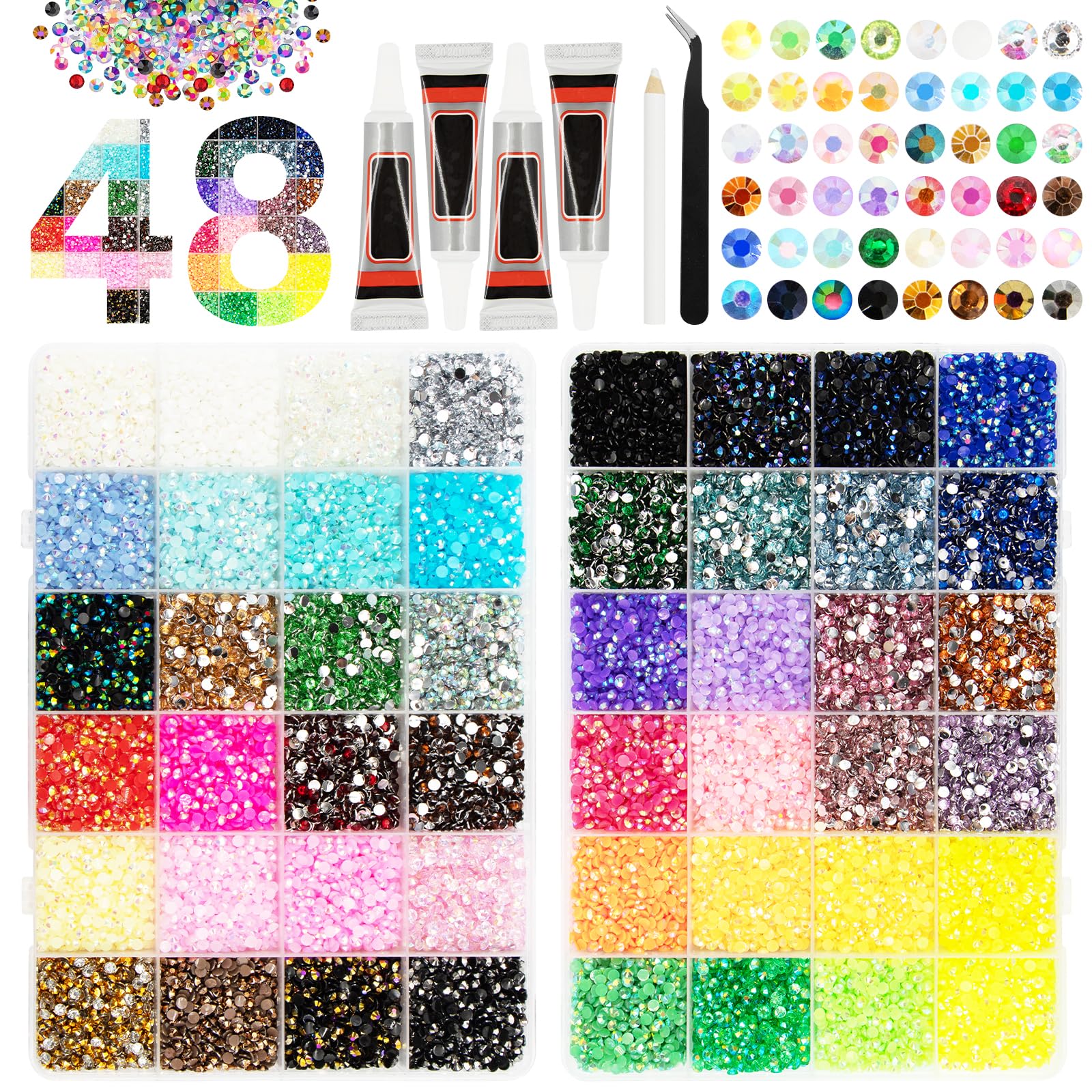 Yuaerbuo 48 Colors Resin Rhinestones for Bedazzling Kit Glue, Tweezers, Pickup Pen and Storage Box, 48000Pcs 3mm Rhinestone Gems Kit for DIY Nail Art, Phone Cases, Clothing, Shoes