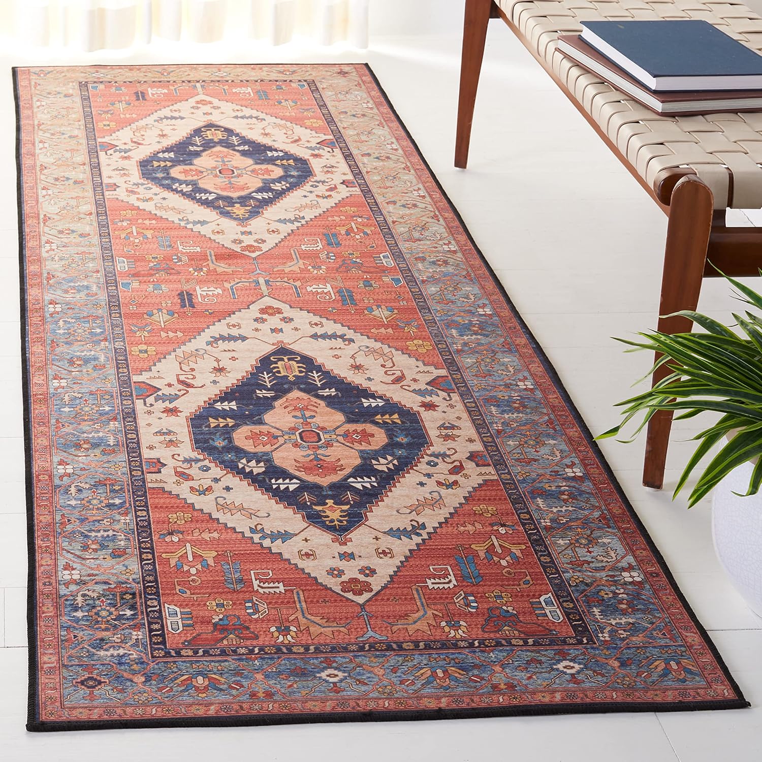 SAFAVIEH Washable Rug Tucson Collection - 9' x 12', Rust & Blue, Slip Resistant & Easy to Clean, Ideal for Living Room, Bedroom, Dining Space (TSN153P)
