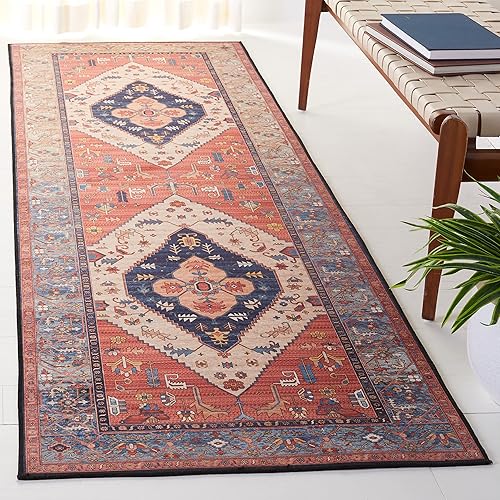 SAFAVIEH Tucson Collection - Alfombra de pasillo, 2 pies 6 pulgadas x 8 pies, diseño de medallón persa, no desprende pelusa, lavable a máquina y